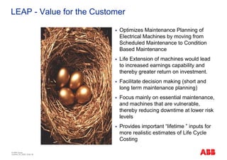 LEAP - Value for the Customer

                              Optimizes Maintenance Planning of
                              Electrical Machines by moving from
                              Scheduled Maintenance to Condition
                              Based Maintenance
                              Life Extension of machines would lead
                              to increased earnings capability and
                              thereby greater return on investment.
                              Facilitate decision making (short and
                              long term maintenance planning)
                              Focus mainly on essential maintenance,
                              and machines that are vulnerable,
                              thereby reducing downtime at lower risk
                              levels
                              Provides important “lifetime ” inputs for
                              more realistic estimates of Life Cycle
                              Costing

© ABB Group
October 29, 2009 | Slide 38
 