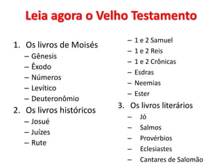 Leia agora o Velho Testamento
1. Os livros de Moisés
–
–
–
–
–

Gênesis
Êxodo
Números
Levítico
Deuteronômio

2. Os livros históricos
– Josué
– Juízes
– Rute

–
–
–
–
–
–

1 e 2 Samuel
1 e 2 Reis
1 e 2 Crônicas
Esdras
Neemias
Ester

3. Os livros literários
–
–
–
–
–

Jó
Salmos
Provérbios
Eclesiastes
Cantares de Salomão

 