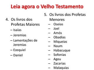 Leia agora o Velho Testamento
4. Os livros dos
Profetas Maiores
– Isaías
– Jeremias
– Lamentações de
Jeremias
– Ezequiel
– Daniel

5. Os livros dos Profetas
Menores
–
–
–
–
–
–
–
–
–
–
–

Oseias
Joel
Amós
Obadias
Miqueias
Naum
Habacuque
Sofonias
Ageu
Zacarias
Malaquias

 