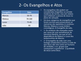 2- Os Evangelhos e Atos
• Os evangelhos não podem ser
considerados biografias no sentido
moderno do termo, mas sim relatos
que enfatizam a pessoa de Jesus no
plano de salvação.
• Há duas categorias de evangelhos que
foram escritos para preservarem as
memórias dos apóstolos:1) sinóticos:
Marcos, Mateus e Lucas (ordem
cronológica); 2) Evangelho de João.
• 1- Os sinóticos são chamados assim
por causa de suas semelhanças de
estrutura literária, em que se vê a
dependência de Mateus e Lucas dos
testemunhios de Marcos.
• 2- O Evangelho de João com uma
teologia antidocética (contra a visão de
que Jesus não veio como ser humano
de verdade), e os grupos que
começaram a questionar a qualidade
de Jesus como Deus.
Evangelhos Data
Marcos 50-70
Mateus 70-100
Lucas 75-85
João 90
 