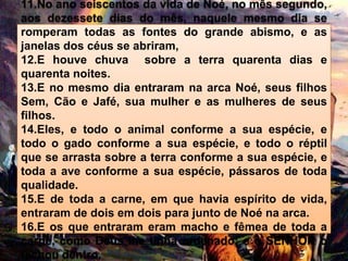 11.No ano seiscentos da vida de Noé, no mês segundo,
aos dezessete dias do mês, naquele mesmo dia se
romperam todas as fontes do grande abismo, e as
janelas dos céus se abriram,
12.E houve chuva sobre a terra quarenta dias e
quarenta noites.
13.E no mesmo dia entraram na arca Noé, seus filhos
Sem, Cão e Jafé, sua mulher e as mulheres de seus
filhos.
14.Eles, e todo o animal conforme a sua espécie, e
todo o gado conforme a sua espécie, e todo o réptil
que se arrasta sobre a terra conforme a sua espécie, e
toda a ave conforme a sua espécie, pássaros de toda
qualidade.
15.E de toda a carne, em que havia espírito de vida,
entraram de dois em dois para junto de Noé na arca.
16.E os que entraram eram macho e fêmea de toda a
carne, como Deus lhe tinha ordenado; e o SENHOR o
fechou dentro.
 