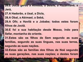 26.E Joctã gerou a Almodá, a Selefe, a Hazarmavé, a
Jerá,
27.A Hadorão, a Usal, a Dicla,
28.A Obal, a Abimael, a Sebá,
29.A Ofir, a Havilá e a Jobabe; todos estes foram
filhos de Joctã.
30.E foi a sua habitação desde Messa, indo para
Sefar, montanha do oriente.
31.Estes são os filhos de Sem segundo as suas
famílias, segundo as suas línguas, nas suas terras,
segundo as suas nações.
32.Estas são as famílias dos filhos de Noé segundo
as suas gerações, nas suas nações; e destes foram
divididas as nações na terra depois do dilúvio.
 