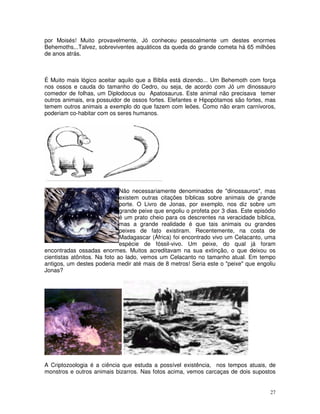 por Moisés! Muito provavelmente, Jó conheceu pessoalmente um destes enormes 
Behemoths...Talvez, sobreviventes aquáticos da queda do grande cometa há 65 milhões 
de anos atrás. 
É Muito mais lógico aceitar aquilo que a Bíblia está dizendo... Um Behemoth com força 
nos ossos e cauda do tamanho do Cedro, ou seja, de acordo com Jó um dinossauro 
comedor de folhas, um Diplodocus ou Apatosaurus. Este animal não precisava temer 
outros animais, era possuidor de ossos fortes. Elefantes e Hipopótamos são fortes, mas 
temem outros animais a exemplo do que fazem com leões. Como não eram carnívoros, 
poderiam co-habitar com os seres humanos. 
Não necessariamente denominados de "dinossauros", mas 
existem outras citações bíblicas sobre animais de grande 
porte. O Livro de Jonas, por exemplo, nos diz sobre um 
grande peixe que engoliu o profeta por 3 dias. Este episódio 
é um prato cheio para os descrentes na veracidade bíblica, 
mas a grande realidade é que tais animais ou grandes 
peixes de fato existiram. Recentemente, na costa de 
Madagascar (África) foi encontrado vivo um Celacanto, uma 
espécie de fóssil-vivo. Um peixe, do qual já foram 
encontradas ossadas enormes. Muitos acreditavam na sua extinção, o que deixou os 
cientistas atônitos. Na foto ao lado, vemos um Celacanto no tamanho atual. Em tempo 
antigos, um destes poderia medir até mais de 8 metros! Seria este o "peixe" que engoliu 
Jonas? 
A Criptozoologia é a ciência que estuda a possível existência, nos tempos atuais, de 
monstros e outros animais bizarros. Nas fotos acima, vemos carcaças de dois supostos 
27 
 