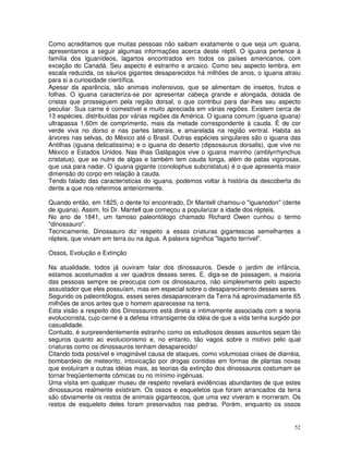 52
Como acreditamos que muitas pessoas não saibam exatamente o que seja um iguana,
apresentamos a seguir algumas informações acerca deste réptil. O iguana pertence à
família dos Iguanídeos, lagartos encontrados em todos os países americanos, com
exceção do Canadá. Seu aspecto é estranho e arcaico. Como seu aspecto lembra, em
escala reduzida, os sáurios gigantes desaparecidos há milhões de anos, o iguana atraiu
para si a curiosidade científica.
Apesar da aparência, são animais inofensivos, que se alimentam de insetos, frutos e
folhas. O iguana caracteriza-se por apresentar cabeça grande e alongada, dotada de
cristas que prosseguem pela região dorsal, o que contribui para dar-lhes seu aspecto
peculiar. Sua carne é comestível e muito apreciada em várias regiões. Existem cerca de
13 espécies, distribuídas por várias regiões da América. O iguana comum (iguana iguana)
ultrapassa 1,60m de comprimento, mais da metade correspondente à cauda. É de cor
verde viva no dorso e nas partes laterais, e amarelada na região ventral. Habita as
árvores nas selvas, do México até o Brasil. Outras espécies singulares são o iguana das
Antilhas (iguana delicatissima) e o iguana do deserto (dipsosaurus dorsalis), que vive no
México e Estados Unidos. Nas ilhas Galápagos vive o iguana marinho (amblyrrhynchus
cristatus), que se nutre de algas e também tem cauda longa, além de patas vigorosas,
que usa para nadar. O iguana gigante (conolophus subcristatus) é o que apresenta maior
dimensão do corpo em relação à cauda.
Tendo falado das características do iguana, podemos voltar à história da descoberta do
dente a que nos referimos anteriormente.
Quando então, em 1825, o dente foi encontrado, Dr Mantell chamou-o "iguanodon" (dente
de iguana). Assim, foi Dr. Mantell que começou a popularizar a idade dos répteis.
No ano de 1841, um famoso paleontólogo chamado Richard Owen cunhou o termo
"dinossauro".
Tecnicamente, Dinossauro diz respeito a essas criaturas gigantescas semelhantes a
répteis, que viviam em terra ou na água. A palavra significa "lagarto terrível".
Ossos, Evolução e Extinção
Na atualidade, todos já ouviram falar dos dinossauros. Desde o jardim de infância,
estamos acostumados a ver quadros desses seres. E, diga-se de passagem, a maioria
das pessoas sempre se preocupa com os dinossauros, não simplesmente pelo aspecto
assustador que eles possuíam, mas em especial sobre o desaparecimento desses seres.
Segundo os paleontólogos, esses seres desapareceram da Terra há aproximadamente 65
milhões de anos antes que o homem aparecesse na terra.
Esta visão a respeito dos Dinossauros está direta e intimamente associada com a teoria
evolucionista, cujo cerne é a defesa intransigente da idéia de que a vida tenha surgido por
casualidade.
Contudo, é surpreendentemente estranho como os estudiosos desses assuntos sejam tão
seguros quanto ao evolucionismo e, no entanto, tão vagos sobre o motivo pelo qual
criaturas como os dinossauros tenham desaparecido!
Citando toda possível e imaginável causa de ataques, como volumosas crises de diarréia,
bombardeio de meteorito, intoxicação por drogas contidas em formas de plantas novas
que evoluíram e outras idéias mais, as teorias da extinção dos dinossauros costumam se
tornar freqüentemente cômicas ou no mínimo ingênuas.
Uma visita em qualquer museu de respeito revelará evidências abundantes de que estes
dinossauros realmente existiram. Os ossos e esqueletos que foram arrancados da terra
são obviamente os restos de animais gigantescos, que uma vez viveram e morreram. Os
restos de esqueleto deles foram preservados nas pedras. Porém, enquanto os ossos
 