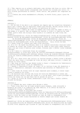 33 - "Não importa se os animais dedicados como dízimos são bons ou ruins. Não se
fará troca. Se algum animal consagrado como dizimo for trocado por outro, os
dois ficarão pertencendo ao Senhor. Serão santos. Não poderão ser comprados de
volta.
34 - O Senhor deu estes mandamentos a Moisés, no monte Sinai, para o povo de
Israel.
NÚMEROS
CAPITULO 1
1 - FOI NO DIA 15 de abril a ao segundo ano depois que os israelitas deixaram o
Egito que o Senhor deu as seguintes ordens para Moisés. Moisés estava então no
Tabernáculo no acampamento de Israel, na península do Sinai.
2 a 15 - "Conte o número de todos os homens com vinte anos de idade ou mais, e
que podem ir à guerra. Não se esqueça de indicar a tribo e a família de cada
homem. Você e Arão vão dirigir esta tarefa e os líderes de cada tribo vão
ajudar."
TriboLíderRubenElizur (filho de Sedeur)SimeãoSelumiel (filho de Zurisadai)Judá
Naassom (filho de Aminadabe)IssacarNatanael (filho de Zuar)ZebulomEliabe (filho
de Helom)EfraimElisama (filho de Amiúde)ManassésGamaliel (filho de
Pedazur)BenjamimAbidã (filho de Gideoni)DãAieser (filho de Amisadai)AserPagiel
(filho de Ocrã)GadeElisafe (filho de Deuel)Naftali
Aira (filho de Enã)
16 - Esses foram os líderes que cada tribo escolheu.
17, 18 e 19 - No mesmo dia Moisés, Arão e os líderes escolhidos reuniram todos
os homens de Israel que tinham vinte anos de idade ou mais para saber quantos
eram e de que tribo e família eles vinham. Fizeram como o Senhor tinha ordenado
a Moisés.
20 a 46 - Este é o resultado final da contagem:
TriboTotalRúben (o filho mais velho de Jacó)46.500Simeão59.300Gade45.650Judá
74.600Issacar54.400Zebulom57.400José: Efraim (filho de José)40.500José: Manassés
(filho de José)32.200Benjamim35.400Dã62.700Aser41.500Naftali53.400Total geral
603.550
47, 48 e 49 - Este total não incluiu os levitas porque o Senhor disse a Moisés:
"Você não deve fazer a contagem da tribo de Levi, nem deve incluir o número de
levitas no total geral.
50 - Mas diga aos levitas que devem cuidar e fazer o transporte do Tabernáculo.
Os levitas devem morar junto ao Tabernáculo.
51 - Quando o Tabernáculo mudar de lugar, só os levitas é que vão desmontar e
montar o Tabernáculo. Qualquer outra pessoa que encostar no Tabernáculo vai
morrer.
52 - Cada tribo de Israel terá um lugar separado para acampar, e nesse lugar
ficará a bandeira da tribo.
53 - As barracas dos levitas vão ficar em volta do Tabernáculo e serão uma
espécie de muro entre o povo de Israel e a ira de Deus. Isto é para proteger os
filhos de Israel da ira que Deus tem do pecado do povo."
54 - Então os filhos de Israel obedeceram a tudo isto que o Senhor ordenou
através de Moisés.
CAPITULO 2
1 - E O SENHOR deu mais ordens para Moisés e Arão:
2 - "Cada tribo deve ter um lugar próprio para acampar, onde colocarão a
bandeira da tribo e os símbolos de cada família. E no centro da área de
acampamento ficará o Tabernáculo."
3 a 31 - Aqui estão as posições das tribos:
TriboLíderPosiçãoCensoJudáNaassomLado leste do Tabernáculo74.600IssacarNatanael
(filho de Zuar)Judá54.400ZebulomEliabe (filho de helom)Vizinha de Issacar57.400
Assim o total de todos os que ficavam ao lado de Judá no acampamento era
186.400. Estas três tribos marchavam na frente sempre que Israel mudava de
lugar.
RúbenElizur (filho de Sedeur)Lado sul do Tabernáculo46.500SimeãoSelumiel (filho
de Zurisadai)Vizinha de Rúben59.300GadeElisafe (filho de Deuel)Vizinha de Simeão
45.650O total daqueles que ficavam do lado de Rúben no acampamento era 151.450.

 