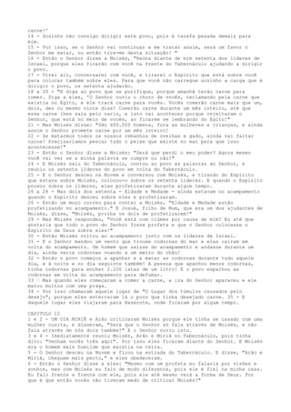 carne!'
14 - Sozinho não consigo dirigir este povo, pois é tarefa pesada demais para
mim.
15 - Por isso, se o Senhor vai continuar a me tratar assim, será um favor o
Senhor me matar, ou então tire-me desta situação! "
16 - Então o Senhor disse a Moisés, "Reúna diante de mim setenta dos líderes de
Israel, porque eles ficarão com você na frente do Tabernáculo ajudando a dirigir
o povo.
17 - Virei ali, conversarei com você, e tirarei o Espírito que está sobre você
para colocar também sobre eles. Para que você não carregue sozinho a carga que é
dirigir o povo, os setenta ajudarão.
18 a 20 - "E diga ao povo que se purifique, porque amanhã terão carne para
comer. Diga a eles, 'O Senhor ouviu o choro de vocês, reclamando pela carne que
existia no Egito, e ele trará carne para vocês. Vocês comerão carne mais que um,
dois, dez ou mesmo vinte dias! Comerão carne durante um mês inteiro, até que
essa carne lhes saia pelo nariz, e isto vai acontecer porque rejeitaram o
Senhor, que está no meio de vocês, ao ficarem se lembrando do Egito!"
21 - Mas Moisés disse: "São 600.000 homens, fora as mulheres e crianças, e ainda
assim o Senhor promete carne por um mês inteiro!
22 - Se matarmos todos os nossos rebanhos de ovelhas e gado, ainda vai faltar
carne! Precisaríamos pescar todo o peixe que existe no mar para que isso
acontecesse!"
23 - Então o Senhor disse a Moisés: "Será que perdi o meu poder? Agora mesmo
você vai ver se a minha palavra se cumpre ou não!"
24 - E Moisés saiu do Tabernáculo, contou ao povo as palavras do Senhor, e
reuniu os setenta líderes do povo em volta do Tabernáculo.
25 - E o Senhor desceu na Nuvem e conversou com Moisés, e tirando do Espírito
que estava sobre Moisés, colocou-o sobre os setenta líderes. E quando o Espírito
pousou sobre os líderes, eles profetizaram durante algum tempo.
26 a 28 - Mas dois dos setenta - Eldade e Medade - ainda estavam no acampamento
quando o Espírito desceu sobre eles e profetizaram.
26 - Então um moço correu para contar a Moisés, "Eldade e Medade estão
profetizando no acampamento." E Josué, filho de Num, que era um dos ajudantes de
Moisés, disse, "Moisés, proíba os dois de profetizarem!"
29 - Mas Moisés respondeu, "Você está com ciúmes por causa de mim? Eu até que
gostaria que todo o povo do Senhor fosse profeta e que o Senhor colocasse o
Espírito de Deus sobre eles!"
30 - Então Moisés voltou ao acampamento junto com os líderes de Israel.
31 - E o Senhor mandou um vento que trouxe codornas do mar e elas caíram em
volta do acampamento. Um homem que saísse do acampamento e andasse durante um
dia, ainda veria codornas voando a um metro do chão!
32 - Então o povo começou a apanhar e a matar as codornas durante todo aquele
dia, e à noite e no dia seguinte também! A pessoa que apanhou menos codornas,
tinha codornas para encher 2.200 latas de um litro! E o povo espalhou as
codornas em volta do acampamento para defumar.
33 ” Mas quando eles começaram a comer a carne, a ira do Senhor apareceu e ele
matou muitos com uma praga.
34 - Por isso chamaram aquele lugar de "O Lugar dos túmulos causados pelo
desejo", porque eles enterraram lá o povo que tinha desejado carne. 35 - E
daquele lugar eles viajaram para Hazerote, onde ficaram por algum tempo.
CAPITULO 12
1 e 2 - UM DIA MIRIÃ e Arão criticaram Moisés porque ele tinha se casado com uma
mulher cusita, e disseram, "Será que o Senhor só fala através de Moisés, e não
fala através de nós dois também?" E o Senhor ouviu isto.
3 e 4 - Imediatamente reuniu Moisés, Arão e Miriã no Tabernáculo, pois tinha
dito: "Venham vocês três aqui". Por isso eles ficaram diante do Senhor. E Moisés
era o homem mais humilde que existia na terra.
5 - O Senhor desceu na Nuvem e ficou na entrada do Tabernáculo. E disse, "Arão e
Miriã, cheguem mais perto," e eles obedeceram.
6 - Então o Senhor disse a eles: "Mesmo com um profeta eu falaria por visões e
sonhos, mas com Moisés eu falo de modo diferente, pois ele é fiel na minha casa.
Eu falo frente a frente com ele, pois ele até mesmo verá a forma de Deus. Por
que é que então vocês não tiveram medo de criticar Moisés?"

 
