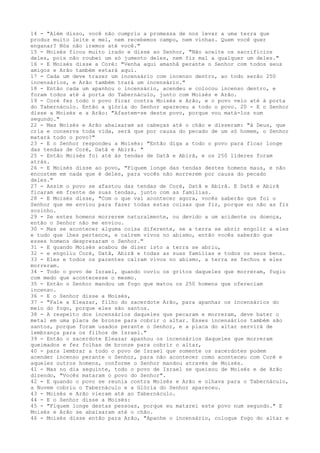 14 - "Além disso, você não cumpriu a promessa de nos levar a uma terra que
produz muito leite e mel, nem recebemos campo, nem vinhas. Quem você quer
enganar? Nós não iremos até você."
15 - Moisés ficou muito irado e disse ao Senhor, "Não aceite os sacrifícios
deles, pois não roubei um só jumento deles, nem fiz mal a qualquer um deles."
16 - E Moisés disse a Coré: "Venha aqui amanhã perante o Senhor com todos seus
amigos e Arão também estará aqui.
17 - Cada um deve trazer um incensário com incenso dentro, ao todo serão 250
incensários, e Arão também trará um incensário."
18 - Então cada um apanhou o incensário, acendeu e colocou incenso dentro, e
foram todos até à porta do Tabernáculo, junto com Moisés e Arão.
19 - Coré fez todo o povo ficar contra Moisés e Arão, e o povo veio até à porta
do Tabernáculo. Então a glória do Senhor apareceu a todo o povo. 20 - E o Senhor
disse a Moisés e a Arão: "Afastem-se deste povo, porque vou matá-los num
segundo."
22 - Mas Moisés e Arão abaixaram as cabeças até o chão e disseram: "á Deus, que
cria e conserva toda vida, será que por causa do pecado de um só homem, o Senhor
matará todo o povo?"
23 - E o Senhor respondeu a Moisés: "Então diga a todo o povo para ficar longe
das tendas de Coré, Datã e Abirã. "
25 - Então Moisés foi até às tendas de Datã e Abirã, e os 250 líderes foram
atrás.
26 - E Moisés disse ao povo, "Fiquem longe das tendas destes homens maus, e não
encostem em nada que é deles, para vocês não morrerem por causa do pecado
deles."
27 - Assim o povo se afastou das tendas de Coré, Datã e Abirã. E Datã e Abirã
ficaram em frente de suas tendas, junto com as famílias.
28 - E Moisés disse, "Com o que vai acontecer agora, vocês saberão que foi o
Senhor que me enviou para fazer todas estas coisas que fiz, porque eu não as fiz
sozinho.
29 - Se estes homens morrerem naturalmente, ou devido a um acidente ou doença,
então o Senhor não me enviou.
30 - Mas se acontecer alguma coisa diferente, se a terra se abrir engolir a eles
e tudo que lhes pertence, e caírem vivos no abismo, então vocês saberão que
esses homens desprezaram o Senhor."
31 - E quando Moisés acabou de dizer isto a terra se abriu,
32 - e engoliu Coré, Datã, Abirã e todas as suas famílias e todos os seus bens.
33 - Eles e todos os parentes caíram vivos no abismo, a terra se fechou e eles
morreram.
34 - Todo o povo de Israel, quando ouviu os gritos daqueles que morreram, fugiu
com medo que acontecesse o mesmo.
35 - Então o Senhor mandou um fogo que matou os 250 homens que ofereciam
incenso.
36 - E o Senhor disse a Moisés,
37 - "Fale a Eleazar, filho do sacerdote Arão, para apanhar os incensários do
meio do fogo, porque eles são santos.
38 - A respeito dos incensários daqueles que pecaram e morreram, deve bater o
metal em uma placa de bronze para cobrir o altar. Esses incensários também são
santos, porque foram usados perante o Senhor, e a placa do altar servirá de
lembrança para os filhos de Israel."
39 - Então o sacerdote Eleazar apanhou os incensários daqueles que morreram
queimados e fez folhas de bronze para cobrir o altar,
40 - para lembrar a todo o povo de Israel que somente os sacerdotes podem
acender incenso perante o Senhor, para não acontecer como aconteceu com Coré e
aqueles outros homens, conforme o Senhor mandou através de Moisés.
41 - Mas no dia seguinte, todo o povo de Israel se queixou de Moisés e de Arão
dizendo, "Vocês mataram o povo do Senhor".
42 - E quando o povo se reunia contra Moisés e Arão e olhava para o Tabernáculo,
a Nuvem cobriu o Tabernáculo e a Glória do Senhor apareceu.
43 - Moisés e Arão vieram até ao Tabernáculo.
44 - E o Senhor disse a Moisés:
45 - "Fiquem longe destas pessoas, porque eu matarei este povo num segundo." E
Moisés e Arão se abaixaram até o chão.
46 - Moisés disse então para Arão, "Apanhe o incensário, coloque fogo do altar e

 