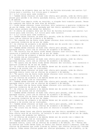 9 ” A oferta de alimento deve ser de flor de farinha misturada com azeite: 6,6
litros para o novilho, 4,4 litros para o carneiro
10 - e 2,2 litros para cada cordeiro.
11 - Também devem oferecer um bode como oferta pelo pecado, além da oferta pelo
pecado para perdão e da oferta queimada diária, junto com as ofertas de alimento
e de bebida.
12 - "Cinco dias depois vocês se reunirão, e ninguém fará trabalho pesado. Nesse
dia começará uma festa de sete dias de duração.
13 - Vocês devem oferecer treze novilhos, dois carneiros e quatorze cordeiros de
um ano de idade, como oferta queimada que tem cheiro agradável para o Senhor.
Todos esses animais não devem ter defeito.
14 - A oferta de alimento deve ser de flor de farinha misturada com azeite: 6,6
litros para cada novilho, 4,4 litros para cada carneiro
15 - e 2,2 litros para cada cordeiro.
16 - Também devem oferecer um bode pelo pecado, além da oferta queimada diária,
junto com as ofertas de alimento e de bebida.
17 ” "No segundo dia da festa vocês devem oferecer doze novilhos, dois carneiros
e quatorze cordeiros de um ano de idade.
18 - As ofertas de alimento e de bebida devem ser de acordo com o número de
animais e de acordo com as instruções.
19 - Também devem oferecer um bode como oferta pelo pecado, além da oferta
queimada diária, junto com as ofertas de alimento e de bebida.
20 - "No terceiro dia da festa vocês devem oferecer onze novilhos, dois
carneiros e quatorze cordeiros de um ano de idade.
21 - As ofertas de alimento e bebida devem ser de acordo com o número de animais
e de acordo com as instruções.
22 - Também devem oferecer um bode como oferta pelo pecado, além da oferta
queimada diária, junto com as ofertas de alimento e de bebida.
23 - "No quarto dia da festa vocês devem oferecer dez novilhos, dois carneiros e
quatorze cordeiros de um ano de idade.
24 - Ás ofertas de alimento e de bebida devem ser de acordo com o número de
animais e de acordo com. as instruções.
25 - Também devem oferecer um bode como oferta pelo pecado, além da oferta
queimada diária junto com as ofertas de alimento e de bebida.
26 - "No quinto dia da festa vocês devem oferecer nove novilhos, dois carneiros
e quatorze cordeiros de um ano de idade.
27 - As ofertas de alimento e de bebida devem ser de acordo com o número de
animais e de acordo com as instruções.
28 - Também devem oferecer um bode como oferta pelo pecado, além da oferta
queimada diária junto com as ofertas de alimento e de bebida.
29 - "No sexto dia da festa vocês devem oferecer oito novilhos, dois carneiros e
quatorze cordeiros de um ano de idade.
30 - As ofertas de alimento e de bebida devem ser de acordo com o número de
animais e de acordo com as instruções.
31 - Também devem oferecer um bode como oferta pelo pecado, além da oferta
queimada diária, junto com as ofertas de alimento e de bebida.
32 - "No sétimo dia da festa vocês devem oferecer sete novilhos, dois carneiros
e quatorze cordeiros de um ano de idade.
33 - As ofertas de alimento e de bebida devem ser de acordo com o número de
animais e de acordo com as instruções.
34 - Também devem oferecer um bode como oferta pelo pecado, além da oferta
queimada diária, junto com as ofertas de alimento e de bebida.
35 - "No oitavo dia da festa, todo povo se reunirá e ninguém fará trabalho
pesado.
36 - Vocês devem fazer uma oferta queimada que tem cheiro agradável ao Senhor.
Essa oferta será de um novilho, um carneiro e sete cordeiros de um ano de idade,
e os animais não poderão ter defeito.
37 - As ofertas de alimento e de bebida devem ser de acordo com o número de
animais e de acordo com as instruções.
38 - Também devem oferecer, um bode como oferta pelo pecado, além da oferta
queimada diária, junto com as ofertas de alimento e de bebida. 39 - "Estas são
as ofertas que vocês devem fazer ao Senhor nas festas anuais e mensais, além das
ofertas de promessas que vocês fizeram ao Senhor, das ofertas feitas por vontade
própria. Todas essas ofertas podem ser ofertas queimadas, ou de alimento, ou de

 