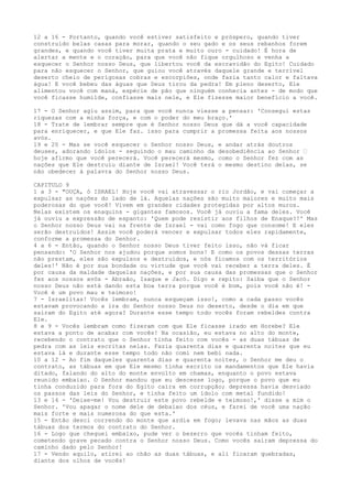 12 a 16 - Portanto, quando você estiver satisfeito e próspero, quando tiver
construído belas casas para morar, quando o seu gado e os seus rebanhos forem
grandes, e quando você tiver muita prata e muito ouro - cuidado! É hora de
alertar a mente e o coração, para que você não fique orgulhoso e venha a
esquecer o Senhor nosso Deus, que libertou você da escravidão do Egito! Cuidado
para não esquecer o Senhor, que guiou você através daquele grande e terrível
deserto cheio de perigosas cobras e escorpiões, onde fazia tanto calor e faltava
água! E você bebeu das águas que Deus tirou da pedra! Em pleno deserto, Ele
alimentou você com maná, espécie de pão que ninguém conhecia antes - de modo que
você ficasse humilde, confiasse mais nele, e Ele fizesse maior benefício a você.
17 - O Senhor agiu assim, para que você nunca viesse a pensar: 'Consegui estas
riquezas com a minha força, e com o poder do meu braço.'
18 - Trate de lembrar sempre que é Senhor nosso Deus que dá a você capacidade
para enriquecer, e que Ele faz. isso para cumprir a promessa feita aos nossos
avós.
19 e 20 - Mas se você esquecer o Senhor nosso Deus, e andar atrás doutros
deuses, adorando ídolos - seguindo o mau caminho da desobediência ao Senhor ”
hoje afirmo que você perecerá. Você perecerá mesmo, como o Senhor fez com as
nações que Ele destruiu diante de Israel! Você terá o mesmo destino delas, se
não obedecer à palavra do Senhor nosso Deus.
CAPITULO 9
1 a 3 - "OUÇA, ó ISRAEL! Hoje você vai atravessar o rio Jordão, e vai começar a
expulsar as nações do lado de lá. Aquelas nações são muito maiores e muito mais
poderosas do que você! Vivem em grandes cidades protegidas por altos muros.
Nelas existem os enaquins - gigantes famosos. Você já ouviu a fama deles. Você
já ouviu a expressão de espanto: 'Quem pode resistir aos filhos de Enaque?!' Mas
o Senhor nosso Deus vai na frente de Israel - vai como fogo que consome! E eles
serão destruídos! Assim você poderá vencer e expulsar todos eles rapidamente,
conforme a promessa do Senhor.
4 a 6 - Então, quando o Senhor nosso Deus tiver feito isso, não vá ficar
pensando: 'O Senhor nos ajudou porque somos bons! E como os povos dessas terras
não prestam, eles são expulsos e destruídos, e nós ficamos com os territórios
deles!' Não é por sua bondade ou virtude que você vai receber a terra deles. É
por causa da maldade daquelas nações, e por sua causa das promessas que o Senhor
fez aos nossos avós - Abraão, Isaque e Jacó. Digo e repito: Saiba que o Senhor
nosso Deus não está dando esta boa terra porque você é bom, pois você não é! Você é um povo mau e teimoso!
7 - Israelitas! Vocês lembram, nunca esqueçam isso!, como a cada passo vocês
estavam provocando a ira do Senhor nosso Deus no deserto, desde o dia em que
saíram do Egito até agora? Durante esse tempo todo vocês foram rebeldes contra
Ele.
8 e 9 - Vocês lembram como fizeram com que Ele ficasse irado em Horebe? Ele
estava a ponto de acabar com vocês! Na ocasião, eu estava no alto do monte,
recebendo o contrato que o Senhor tinha feito com vocês - as duas tábuas de
pedra com as leis escritas nelas. Fazia quarenta dias e quarenta noites que eu
estava lá e durante esse tempo todo não comi nem bebi nada.
10 a 12 - Ao fim daqueles quarenta dias e quarenta noites, o Senhor me deu o
contrato, as tábuas em que Ele mesmo tinha escrito os mandamentos que Ele havia
ditado, falando do alto do monte envolto em chamas, enquanto o povo estava
reunido embaixo. O Senhor mandou que eu descesse logo, porque o povo que eu
tinha conduzido para fora do Egito caíra em corrupção; depressa havia desviado
os passos das leis do Senhor, e tinha feito um ídolo com metal fundido!
13 e 14 - 'Deixe-me! Vou destruir este povo rebelde e teimoso!,' disse a mim o
Senhor. 'Vou apagar o nome dele de debaixo dos céus, e farei de você uma nação
mais forte e mais numerosa do que esta.'
15 - Então desci correndo do monte que ardia em fogo; levava nas mãos as duas
tábuas dos termos do contrato do Senhor.
16 - Logo que cheguei embaixo, pude ver o bezerro que vocês tinham feito,
cometendo grave pecado contra o Senhor nosso Deus. Como vocês saíram depressa do
caminho dado pelo Senhor!
17 - Vendo aquilo, atirei ao chão as duas tábuas, e ali ficaram quebradas,
diante dos olhos de vocês!

 