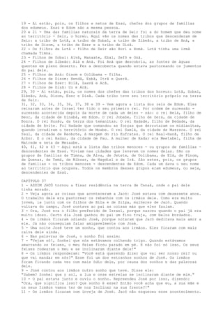 19 - Aí estão, pois, os filhos e netos de Esaú, chefes dos grupos de famílias
dos edumeus. Esaú e Edom são a mesma pessoa.
20 e 21 - Uma das famílias naturais da terra de Seir foi a do homem que deu nome
ao território - Seir, o horeu. Aqui vão os nomes das tribos que descenderam de
Seir: a tribo de Lotã, a tribo de Sobal, a tribo de Zibeão, a tribo de Aná, a
tribo de Disom, a tribo de Eser e a tribo de Disã.
22 - Os filhos de Lotã - filho de Seir são Hori e Homã. Lotã tinha uma irmã
chamada Timna.
23 - Filhos de Sobal: Alvã, Manaate, Ebal, Sefô e Onã.
24 - Filhos de Zibeão: Aiá e Aná. Foi Aná que descobriu, as fontes de águas
quentes em pleno deserto. Fez a descoberta quando estava pastoreando os jumentos
do pai dele.
25 - Filhos de Aná: Disom e Oolibama - filha.
26 - Filhos de Disom: Hendã, Esbã, Itrã e Querã.
27 - Filhos de Eser: Bilã, Zaavã e Acã.
28 - Filhos de Disã: Uz e Arã.
29, 30 - Aí estão, pois, os nomes dos chefes das tribos dos horeus: Lotã, Sobal,
Zibeão, Aná, Disom, Eser e Disã. Cada tribo teve seu território próprio na terra
de Seir.
31, 32, 33, 34, 35, 36, 37, 38 e 39 - Vem agora a lista dos reis de Edom. Eles
reinaram antes de Israel ter tido o seu primeiro rei. Por ordem de sucessão sucessão acontecida depois da morte de cada um deles - são: o rei Belá, filho de
Beor, da cidade de Dinabá, em Edom. O rei Jobabe, filho de Zerá, da cidade de
Bozra. O rei Husão, da terra dos temanitas. O rei Hadade, filho de Bedade, da
cidade de Avite. Foi Hadade que comandou as forças que derrotaram os midianitas,
quando invadiram o território de Moabe. O rei Samlá, da cidade de Masreca. O rei
Saul, da cidade de Reobote, à margem do rio Eufrates. O rei Baal-Hanã, filho de
Acbor. E o rei Hadar, da cidade de Pau. A mulher de Hadar era Meetabel, filha de
Matrede e neta de Mezaabe.
40, 41, 42 e 43 - Aqui está a lista das tribos menores - ou grupos de famílias descendentes de Esaú. Viviam nas cidades que levavam os nomes delas. São os
grupos de famílias de Timna, de Alva, de Jetete, de Oolibama, de Elá, de Pinom,
de Quenaz, de Temã, de Mibzar, de Magdiel e de Irã. São estes, pois, os grupos
de famílias - ou tribos menores - descendentes de Edom. Cada um dava o seu nome
ao território que ocupava. Todos os membros desses grupos eram edumeus, ou seja,
descendentes de Esaú.
CAPÍTULO 37
1 - ASSIM JACÓ tornou a fixar residência na terra de Canaã, onde o pai dele
tinha morado.
2 - Veja agora as coisas que aconteceram a Jacó: José estava com dezessete anos.
O trabalho dele era pastorear os rebanhos com os irmãos dele. Como era muito
jovem, ia junto com os filhos de Bila e de Zilpa, mulheres de Jacó. Quando
voltava do campo, José contava ao pai as coisas más que eles faziam.
3 - Ora, José era o filho preferido de Israel, porque nasceu quando o pai já era
muito idoso. Certo dia José ganhou do pai um fino traje, com belos bordados.
4 - Os irmãos ficaram odiando José, porque notaram que Jacó dedicava mais amor a
ele. Já não conseguiam falar amigavelmente com José.
5 - Uma noite José teve um sonho, que contou aos irmãos. Eles ficaram com mais
raiva dele ainda.
6 - Nas palavras de José, o sonho foi assim:
7 - "Vejam só!, Sonhei que nós estávamos colhendo trigo. Quando estávamos
amarrando os feixes, o meu feixe ficou parado em pé. E não foi só isso. Os seus
feixes rodearam o meu e se inclinaram diante dele!"
8 - Os irmãos responderam: "Você está querendo dizer que vai ser nosso rei? ou
que vai mandar em nós?" Esse foi um dos estranhos sonhos de José. Os irmãos
foram ficando cada vez com mais ódio dele, por causa dos sonhos e das palavras
dele.
9 - José contou aos irmãos outro sonho que teve. Disse ele:
"Sabem? Sonhei que o sol, a lua e onze estrelas se inclinaram diante de mim."
10 - O pai estava junto e ouviu o sonho. Repreendeu José por isso, dizendo:
"Ora, que significa isso? Que sonho é esse? Então você acha que eu, a sua mãe e
os seus Irmãos vamos ter de nos Inclinar na sua frente?!"
11 - Os irmãos ficaram com inveja de José. Jacó não esqueceu esse acontecimento.

 