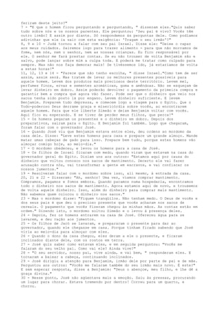 feriram deste jeito?"
7 - "E que o homem ficou perguntando e perguntando, " disseram eles."Quis saber
tudo sobre nós e os nossos parentes. Ele perguntou: 'Seu pai é vivo? Vocês têm
outro irmão? E assim por diante. Só respondemos às perguntas dele. Como podíamos
adivinhar que ele ia sair com esta exigência: 'Tragam o seu irmão'?"
8, 9 e 10 - Judá tornou a falar com seu pai Israel. Disse ele: "Deixe o rapaz
aos meus cuidados. Sairemos logo para trazer alimento - para que não morramos de
fome, nem nós, nem o senhor, nem as nossas crianças. Eu fico responsável por
ele. O senhor me fará prestar contas. Se eu não trouxer de volta Benjamim são e
salvo, pode lançar sobre mim a culpa toda. E poderá me tratar como culpado para
sempre. Mas não nos faça demorar mais! Se tivéssemos ido, já estaríamos de volta
a estas horas!"
11, 12, 13 e 14 - "Parece que não tenho escolha, " disse Israel."Como tem de ser
assim, assim será. Mas tratem de levar os melhores presentes possíveis para
aquele homem. Levem dos produtos mais preciosos deste território. Levem mel,
perfumes finos, ervas e sementes aromáticas, goma e amêndoas. Não se esqueçam de
levar dinheiro em dobro. Assim poderão devolver o pagamento da primeira compra e
garantir bem a compra que agora vão fazer. Pode ser que o dinheiro que veio nos
sacos tenha sido posto lá por engano. Levem dinheiro suficiente. E levem
Benjamim. Preparem tudo depressa, e comecem logo a viagem para o Egito. Que o
Todo-poderoso Deus derrame graça e misericórdia sobre vocês, ao encontrarem
aquele homem. Para que ele liberte Simeão e deixe Benjamim voltar com vocês.
Aqui fico eu esperando. E se tiver de perder meus filhos, que perca!"
15 - Os homens pegaram os presentes e o dinheiro em dobro. Depois dos
preparativos, saíram para o Egito. E Benjamim foí também. Logo que chegaram,
foram falar com o governador José.
16 - Quando José viu que Benjamim estava entre eles, deu ordens ao mordomo da
casa dele. Disse: "Leve estes homens para casa e prepare um grande almoço. Mande
matar umas cabeças de gado para isso. Prepare bem tudo, porque estes homens vão
almoçar comigo hoje, ao meio-dia."
17 - O mordomo obedeceu, e levou os homens para a casa de José.
18 - Os filhos de Israel ficaram com medo, quando viram que estavam na casa do
governador geral do Egito. Diziam uns aos outros: "Estamos aqui por causa do
dinheiro que voltou conosco nos sacos de mantimento. Decerto ele vai fazer
acusação contra nós, vai transformar a gente em escravos, e vai confiscar os
nossos jumentos."
19 - Resolveram falar com o mordomo sobre isso, ali mesmo, à entrada da casa.
20, 21 e 22 - Disseram: "Ah, senhor! Uma vez, viemos comprar mantimento.
Compramos, pagamos e fomos embora. Quando paramos numa hospedaria, encontramos
todo o dinheiro nos sacos de mantimento. Agora estamos aqui de novo, e trouxemos
de volta aquele dinheiro. Isso, além do dinheiro para comprar mais mantimento.
Não sabemos quem colocou o dinheiro nos sacos."
23 - Mas o mordomo disse: "Fiquem tranqüilos. Não tenham medo. O Deus de vocês e
dos seus pais é que deu o precioso presente que vocês acharam nos sacos de
cereais. O pagamento que vocês fizeram chegou às minhas mãos. As contas estão em
ordem." Dizendo isto, o mordomo soltou Simeão e o levou à presença deles.
24 - Depois, fez os homens entrarem na casa de José. Ofereceu água para se
lavarem, e deu ração aos jumentos.
25 - Os filhos de Jacó se lavaram, e prepararam o presente para dar ao
governador, quando ele chegasse em casa. Porque tinham ficado sabendo que José
viria ao meio-dia para almoçar com eles.
26 - Quando o dono da casa chegou, eles deram a ele o presente, e ficaram
inclinados diante dele, com os rostos em terra.
27 - José quis saber como estavam eles, e em seguida perguntou: "Vocês me
falaram do seu velho pai. Como vai ele? Ainda vive?"
28 - "O seu servidor, nosso pai, vive ainda, e vai bem, " responderam eles. E
tornaram a baixar a cabeça, continuando inclinados.
29 - José dirigiu a atenção para Benjamim, irmão dele por parte de pai e de mãe.
Perguntou aos outros: "Vocês me falaram também do seu irmão mais novo. É este?"
E sem esperar resposta, disse a Benjamim: "Deus o abençoe, meu filho, e lhe dê a
graça divina."
30 - Nesse ponto, José não agüentava mais a emoção. Saiu às pressas, procurando
um lugar para chorar. Estava tremendo por dentro! Correu para um quarto, e
chorou.

 