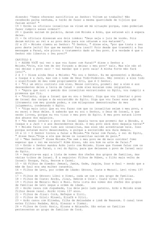 dizendo: 'Vamos oferecer sacrifícios ao Senhor: Voltem ao trabalho! Não
receberão palha nenhuma, e terão de fazer a mesma quantidade de tijolos que
faziam antes! "
19 - Então os oficiais israelitas se viram em má situação porque, como poderiam
fazer cumprir essas ordens?!
20 - Quando saíram do palácio, deram com Moisés e Arão, que estavam ali à espera
deles.
21 - Os oficiais disseram aos dois irmãos: "Deus seja o juiz de vocês. Pois
deram motivo ao rei e ao povo dele para nos odiarem e nos matarem!',
22 e 23 - Moisés clamou ao Senhor: "Ó Senhor, " disse ele, "por que trata o seu
povo deste jeito? Por que me mandou? Para isso?! Pois desde que transmiti a Sua
mensagem a Faraó, ele piorou o tratamento dado ao Seu povo. E a verdade é que o
Senhor não libertou o Seu povo!"
CAPITULO 6
1 - AGORA VOCÊ vai ver o que vou fazer com Faraó!" disse o Senhor a
Moisés."Pois, ele tem de ser forçado a deixar o meu povo' sair. Mas ele não só
vai deixar o povo sair - vai mandar que o povo saia! A minha forte mão fará
isto!".
2 e 3 - Disse ainda Deus a Moisés: "Eu sou o Senhor. Eu me apresentei a Abraão,
a Isaque e a Jacó, mas com o nome de Deus Todo-Poderoso. Não revelei a eles todo
o significado do meu nome propriamente dito, que é O Senhor.
4 - "Fiz um sério contrato com eles. Nesse contrato, prometi dar a eles e aos
descendentes deles a terra de Canaã - onde eles moraram como imigrantes.
5 - "Agora que ouvi o gemido dos israelitas escravizados no Egito, vou cumprir a
promessa que fiz.
6 - "Portanto, diga a Israel que eu sou o Senhor. Diga que vou libertar o povo
de Israel das cargas e da escravidão do Egito. Diga que vou fazer essa ação de
livramento com meu grande poder, e com milagrosas demonstrações do meu
julgamento, condenando o Egito.
7 - "Diga mais isto: Que eu vou fazer com que os israelitas sejam o meu povo, e
eu serei o Deus deles. E saberão que eu sou o Senhor, o Deus de Israel, e que
serão livres, porque eu vou tirar o meu povo do Egito. E meu povo estará livre
dos abusos dos egípcios.
8 - "Eu mesmo levarei o povo de Israel àquela terra que prometi dar a Abraão, a
Isaque e a Jacó - e aos descendentes deles. O meu povo será dono daquela terra!"
9 - Moisés falou isso tudo aos israelitas, mas eles não acreditaram nele. Isso
porque estavam muito desanimados, e porque a escravidão era dura demais.
10 e 11 - O Senhor tornou a falar a Moisés."Vá falar com Faraó, o rei do Egito,
" disse Deus."Diga a ele que deixe os israelitas saírem do país."
12 - "Mas Senhor!" disse Moisés."Se nem o meu povo me dá mais ouvidos! Como
esperar que o rei me escute?! Além disso, não sou bom na arte de falar."
13 - Então o Senhor mandou Arão junto com Moisés. Disse que fossem falar com os
israelitas e com Faraó, o rei do Egito, para que deixasse o povo de Israel sair
do Egito.
14 - Registra-se aqui a lista de nomes dos chefes dos grupos de famílias, das
várias tribos de Israel. É a seguinte: Filhos de Rúben, o filho mais velho de
Israel: Enoque, Palu, Hezrom e Carmi.
15 - OS Filhos de Simeão: Jemuel, Jamim, Oade, Jaquim, Zoar e Saul - sendo que a
mãe de Saul era uma mulher cananéia.
16 - Filhos de Levi, por ordem de idade: Gérson, Coate e Merari. Levi viveu 137
anos.
17 - Filhos de Gérson: Libni e Simei, cada um com o seu grupo de famílias.
18 - Filhos de Coate: Anrão, Jizar, Hebrom e Uzie!. Coate viveu 133 anos.
19 - Filhos de Merari: Mali e Musi. Esta lista dos nomes dos chefes dos grupos
de famílias de Levi segue a ordem de idade.
20 - Anrão casou com Joquebede, tia dele pelo lado paterno. Arão e Moisés eram
filhos desse casal. Anrão viveu 137 anos.
21 - Filhos de Jizar: Corá, Nefegue e Zicri.
22 - Filhos de Uziel: Misael, Eizafã e Sitri.
23 - Arão casou com Eliseba, filha de Aminadabe e irmã de Naassom. O casal teve
estes filhos: Nadabe, Abiú, Eleazar e Itamar.
24 - Filhos de Corá: Assir, Elcana e Abiasafe. São estas as famílias
pertencentes ao grupo de famílias de Corá.

 