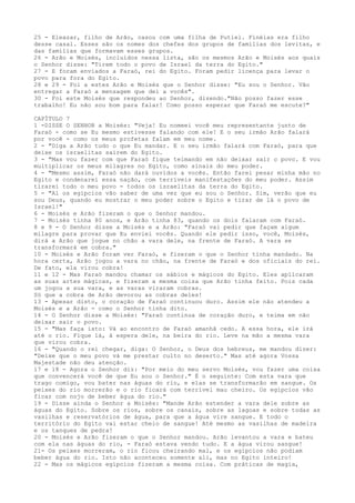 25 - Eleazar, filho de Arão, casou com uma filha de Putiel. Finéias era filho
desse casal. Esses são os nomes dos chefes dos grupos de famílias dos levitas, e
das famílias que formavam esses grupos.
26 - Arão e Moisés, incluídos nessa lista, são os mesmos Arão e Moisés aos quais
o Senhor disse: "Tirem todo o povo de Israel da terra do Egito."
27 - E foram enviados a Faraó, rei do Egito. Foram pedir licença para levar o
povo para fora do Egito.
28 e 29 - Foi a estes Arão e Moisés que o Senhor disse: "Eu sou o Senhor. Vão
entregar a Faraó a mensagem que dei a vocês".
30 - Foi este Moisés que respondeu ao Senhor, dizendo."Não posso fazer esse
trabalho! Eu não sou bom para falar! Como posso esperar que Faraó me escute?"
CAPÍTULO 7
1 -DISSE O SENHOR a Moisés: "Veja! Eu nomeei você meu representante junto de
Faraó - como se Eu mesmo estivesse falando com ele! E o seu irmão Arão falará
por você - como os meus profetas falam em meu nome.
2 - "Diga a Arão tudo o que Eu mandar. E o seu irmão falará com Faraó, para que
deixe os israelitas saírem do Egito.
3 - "Mas vou fazer com que Faraó fique teimando em não deixar sair o povo. E vou
multiplicar os meus milagres no Egito, como sinais do meu poder.
4 - "Mesmo assim, Faraó não dará ouvidos a vocês. Então farei pesar minha mão no
Egito e condenarei essa nação, com terríveis manifestações do meu poder. Assim
tirarei todo o meu povo - todos os israelitas da terra do Egito.
5 - "Aí os egípcios vão saber de uma vez que eu sou o Senhor. Sim, verão que eu
sou Deus, quando eu mostrar o meu poder sobre o Egito e tirar de lá o povo de
Israel!"
6 - Moisés e Arão fizeram o que o Senhor mandou.
7 - Moisés tinha 80 anos, e Arão tinha 83, quando os dois falaram com Faraó.
8 e 9 - O Senhor disse a Moisés e a Arão: "Faraó vai pedir que façam algum
milagre para provar que Eu enviei vocês. Quando ele pedir isso, você, Moisés,
dirá a Arão que jogue no chão a vara dele, na frente de Faraó. A vara se
transformará em cobra."
10 - Moisés e Arão foram ver Faraó, e fizeram o que o Senhor tinha mandado. Na
hora certa, Arão jogou a vara no chão, na frente de Faraó e dos oficiais do rei.
De fato, ela virou cobra!
11 e 12 - Mas Faraó mandou chamar os sábios e mágicos do Egito. Eles aplicaram
as suas artes mágicas, e fizeram a mesma coisa que Arão tinha feito. Pois cada
um jogou a sua vara, e as varas viraram cobras.
Só que a cobra de Arão devorou as cobras deles!
13 - Apesar disto, o coração de Faraó continuou duro. Assim ele não atendeu a
Moisés e a Arão - como o Senhor tinha dito.
14 - O Senhor disse a Moisés: "Faraó continua de coração duro, e teima em não
deixar sair o povo.
15 - "Mas faça isto: Vá ao encontro de Faraó amanhã cedo. A essa hora, ele irá
até o rio. Fique lá, à espera dele, na beira do rio. Leve na mão a mesma vara
que virou cobra.
16 - "Quando o rei chegar, diga: O Senhor, o Deus dos hebreus, me mandou dizer:
"Deixe que o meu povo vá me prestar culto no deserto." Mas até agora Vossa
Majestade não deu atenção.
17 e 18 - Agora o Senhor diz: "Por meio do meu servo Moisés, vou fazer uma coisa
que convencerá você de que Eu sou o Senhor." É o seguinte: Com esta vara que
trago comigo, vou bater nas águas do rio, e elas se transformarão em sangue. Os
peixes do rio morrerão e o rio ficará com terrível mau cheiro. Os egípcios vão
ficar com nojo de beber água do rio."
19 - Disse ainda o Senhor a Moisés: "Mande Arão estender a vara dele sobre as
águas do Egito. Sobre os rios, sobre os canais, sobre as lagoas e sobre todas as
vasilhas e reservatórios de água, para que a água vire sangue. E todo o
território do Egito vai estar cheio de sangue! Até mesmo as vasilhas de madeira
e os tanques de pedra!
20 - Moisés e Arão fizeram o que o Senhor mandou. Arão levantou a vara e bateu
com ela nas águas do rio, - Faraó estava vendo tudo. E a água virou sangue!
21- Os peixes morreram, o rio ficou cheirando mal, e os egípcios não podiam
beber água do rio. Isto não aconteceu somente ali, mas no Egito inteiro!
22 - Mas os mágicos egípcios fizeram a mesma coisa. Com práticas de magia,

 