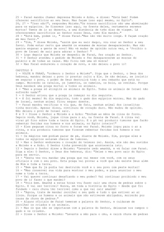 25 - Faraó mandou chamar depressa Moisés e Arão, e disse: "Está bem! Podem
oferecer sacrifícios ao seu Deus. Mas façam isso aqui mesmo, no Egito".
26, 27 - "Isso não!", respondeu Moisés."Os nossos sacrifícios são uma abominação
para os egípcios. Se fizermos isso aqui, na frente deles, certamente seremos
mortos! Temos de ir ao deserto, a uma distância de três dias de viagem. Lá
ofereceremos sacrifícios ao Senhor nosso Deus, como Ele mandou."
28 - "Está bem, podem ir, " disse Faraó."Mas não vão muito longe. E façam oração
em meu favor."
29 - "Sim, " disse Moisés, "assim que eu sair daqui, vou orar ao Senhor a seu
favor. Pode estar certo que amanhã os enxames de moscas desaparecerão. Mas não
queira enganar a gente de novo! Não vá mudar de opinião outra vez, e 'Proibir o
povo de Israel de sair para adorar o Senhor! "
30 - Logo depois que Moisés se despediu de Faraó, fez oração ao Senhor.
31 - 0 Senhor atendeu o pedido de Moisés e fez desaparecerem as moscas do
palácio e de todas as casas. Não ficou nem uma só mosca!
32 - Mas Faraó endureceu o coração de novo, e não deixou o povo ir!
CAPITULO 9
1 - VOLTE A FARAÓ, "ordenou o Senhor a Moisés". Diga que o Senhor, o Deus dos
hebreus, mandou deixar o povo ir prestar culto a Ele. Se não deixar, se insistir
em segurar o povo, o poder de Deus destruirá todo o seu rebanho que está no
campo. Morrerão os cavalos, os jumentos, os camelos, os bois, as ovelhas. Porque
Deus mandará uma praga mortal a todos os animais.
4 - "Mas a praga só atingirá os animais do Egito. Todos os animais de Israel não
sofrerão nada!"
5 - O Senhor avisou que a praga ia começar no dia seguinte.
6 - E foi mesmo! No dia seguinte, todo o gado dos egípcios morreu. Mas do gado
de Israel, nenhum animal ficou sequer doente.
7 - Faraó mandou verificar e viu que, de fato, nenhum animal dos israelitas
tinha morrido. Apesar disso, continuou de coração duro. Não mudou de opinião.
Não deixou o povo de Israel sair.
8 e 9 - Disse o Senhor a Moisés e a Arão: "Encham as mãos de cinza do forno.
Depois você, Moisés, jogue cinza para o ar, na frente de Faraó. A cinza vai
virar pó fino sobre toda a terra do Egito. E o pó vai produzir tumores que farão
rebentar feridas nos homens e nos animais, no Egito inteiro!"
10 - Eles pegaram cinza no forno e foram ver Faraó. Moisés jogou para o ar a
cinza, e ela produziu tumores que fizeram rebentar feridas nos homens e nos
animais.
11 - Os mágicos nem podiam parar de pé, diante de Moisés. Sim, porque eles e
todos os egípcios estavam cheios de tumores.
12 - Mas o Senhor endureceu o coração do teimoso rei. Assim, ele não deu ouvidos
a Moisés e a Arão. O Senhor tinha prevenido que aconteceria isto.
13 - Depois o Senhor disse a Moisés: "Levante cedo amanhã, e vá falar com Faraó.
Diga a ele: O Senhor, o Deus dos hebreus, diz: "Deixe o meu povo sair do Egito
para me servir.
14 - "Desta vez vou mandar uma praga que vai mexer com você, com os seus
oficiais e com o seu povo. Esta praga vai provar a você que não existe Deus além
de Mim e toda a terra.
15 - "Bem que Eu já podia ter destruído você e o seu povo com peste mortal!
16 - "Mas conservei sua vida para mostrar o meu poder, e para anunciar o meu
nome a toda a terra.
17 - Vai querer continuar desafiando o meu poder? Vai continuar proibindo o meu
povo de ir fazer o que mandei?
18 - "Pois bem. Amanhã a estas horas vou fazer cair uma chuva de pedras sobre o
Egito. E vai ser terrível! Nunca, em toda a história do Egito - desde que foi
fundado - caiu chuva tão terrível como a que vai cair amanhã!
19 - "Agora, trate de mandar recolher o seu gado e tudo o que estiver ao ar
livre. Porque os homens e os animais que não estiverem abrigados, morrerão por
causa da chuva de pedras."
20 - Alguns oficiais de Faraó temeram a palavra do Senhor, e cuidaram de
recolher os criados e os animais.
21 - Mas os que não se importaram com a palavra do Senhor, deixaram nos campos o
gado e os criados.
22 - Disse o Senhor a Moisés: "Levante a mão para o céu, e cairá chuva de pedras

 