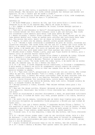 fizerem o que eu acho certo, e guardarem os meus mandamentos - contem com a
minha bênção. Não deixarei que vocês sofram nenhuma das doenças que mandei aos
egípcios. Eu sou o Senhor que dá saúde a vocês."
27 - Depois os israelitas foram embora dali, e chegaram a Elim, onde acamparam.
Nesse lugar havia 12 fontes de água e 70 palmeiras.
CAPITULO 16
1 - DE ELIM FORAM para o deserto de Sim, que fica entre Elim e o monte Sinai.
Chegaram lá no dia 15 do segundo mês, depois da saída do Egito.
2 - Ali também os membros da assembléia de Israel fizeram amargas queixas a
Moisés e Arão.
3 - "Que bom se estivéssemos no Egito!" choramingaram."Era melhor que o Senhor
nos tivesse matado lá! Pelo menos tínhamos carne e pão com fartura. Mas vocês
nos trouxeram a este deserto para matar toda esta gente de fome! "
4 - Nessa situação, o Senhor disse a Moisés: "Olhe, vou fazer chover pão do céu.
Cada pessoa deverá sair todas as manhãs para recolher pão suficiente para cada
dia. Vou provar meu povo. Quero ver se segue as minhas ordens, ou não.
5 - "Agora, no sexto dia da semana, deverão colher porção dobrada."
6, 7 e 8 - Moisés e Arão convocaram a assembléia do povo de Israel. Disseram aos
israelitas reunidos: "De tarde vocês vão ver que foi o Senhor que tirou vocês do
Egito, e de manhã terão outra demonstração da glória dele. Porque de tarde nos
dará carne, e de manhã pão. Ele ouviu as queixas que vocês fizeram. Suas queixas
não são contra nós, pois quem somos nós? Suas queixas são contra o Senhor!
9 - Moisés disse a Arão: "Chame o povo, para que fique diante do Senhor, pois o
Senhor ouviu as queixas feitas contra Ele."
10 - Arão chamou o povo. Nisso, alguma coisa chamou a atenção de todos. Olharam
para o deserto e viram aparecer na coluna de nuvem a glória do Senhor!
11 e 12 - O Senhor disse a Moisés: "Escutei as queixas que os israelitas
fizeram. Diga a eles: 'De tarde vocês vão comer carne, e de manhã vão se encher
de pão. Aí saberão que, eu sou o Senhor seu Deus."
13 e 14 - De fato, à tarde chegaram muitas codornizes, e forraram o acampamento.
E pela manhã, o deserto em volta do acampamento estava coberto de orvalho.
Quando o orvalho evaporou, ficou no chão uma camada fina de uma coisa que
parecia escamas ou geada.
15 e 16 - "Que será isso?", perguntaram os israelitas uns aos outros. Não tinham
idéia do que era. Disse Moisés: "Isto é o maná, o pão que o Senhor nos está
dando. Sobre isso, o Senhor deu estas instruções: Cada um deve recolher todo dia
a quantidade suficiente para a sua família, bastando uma tigela por pessoa.
17 e 18 - Assim fizeram. Uns recolhiam mais, outros menos. Mas quando iam
repartir com a tigela que servia de medida, dava tudo certo. Ninguém recebia de
mais, e ninguém recebia de menos! I
19 - Moisés preveniu a todos, dizendo: "Não deixem nenhuma sobra para o dia
seguinte."
20 - Mas não lhe deram ouvidos. Alguns: deixaram um pouco de maná guardado para
o dia seguinte. Resultado: deu bichos e ficou cheirando mal. Moisés ficou bravo
com eles.
21- Assim se acostumaram a recolher diariamente o maná, em quantidade suficiente
para cada dia. E tinham de fazer isto cedo, porque quando o sol subia, derretia
o maná.
22 - No sexto dia da semana, recolheram pão em dobro duas tigelas para cada um.
Os oficiais dirigentes da assembléia foram perguntar a Moisés por que tinham de
fazer isso.
23 - "Mas foi isso que o Senhor mandou, " respondeu Moisés."Disse o Senhor: 'o
dia seguinte ao sexto dia, é o dia: de santo descanso, é o dia do Senhor. Assim,
preparem o que quiserem comer na véspera - bolo de maná assado no forno, ou maná
cozido em água. O que sobrar, podem guardar para a manhã seguinte.
24 - Fizeram isso. E no dia seguinte, o mana não deu bichos, nem ficou cheirando
mal.
25 e 26 - Moisés disse: podem comer o pão do céu recolhido ontem. Hoje é o dia
de descanso - o dia do Senhor. Não vamos achar maná no terreno do acampamento.
Durante seis dias encontraremos pão para recolher, mas no sétimo não. O sétimo
dia e o dia de descanso.
27 - Alguns teimaram em procurar maná no dia do Senhor, mas não acharam.
28 e 29 - Disse o Senhor a Moisés: "Até quando vamos ter gente em Israel que não

 