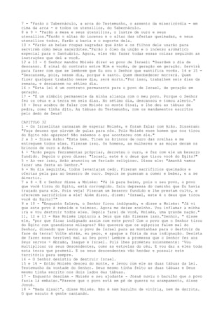 7 - "Farão o Tabernáculo, a arca do Testemunho, o assento da misericórdia - em
cima da arca - e todos os utensílios, do Tabernáculo.
8 e 9 - "Farão a mesa e seus utensílios, o lustre de ouro e seus
utensílios."Farão o altar do incenso e o altar das ofertas queimadas, e seus
utensílios todos. Farão a bacia e o suporte dela.
10 - "Farão as belas roupas sagradas que Arão e os filhos dele usarão para
servirem como meus sacerdotes."Farão o óleo da unção e o incenso aromático
especial para o Santuário. Agora, eles vão fazer todas essas coisas seguindo as
instruções que dei a você.
12 e 13 - O Senhor mandou Moisés dizer ao povo de Israel: "Guardem o dia de
descanso. É sinal do contrato entre Mim e vocês, de geração em geração. Servirá
para fazer com que se lembrem que Eu sou o Senhor que santifica vocês. 14 e 15 "Descansem, pois, nesse dia, porque é santo. Quem desobedecer morrerá. Quem
fizer qualquer trabalho nesse dia, será morto."Por isso, trabalhem seis dias da
semana, e descansem no sétimo dia.
16 - "Esta lei é um contrato permanente para o povo de Israel, de geração em
geração.
17 - "É um símbolo permanente da minha aliança com o meu povo. Porque o Senhor
fez os céus e a terra em seis dias. No sétimo dia, descansou e tomou alento."
18 - Deus acabou de falar com Moisés no monte Sinai, e lhe deu as tábuas de
pedra, como tinha dito. As tábuas do Testemunho, com os mandamentos escritos
pelo dedo de Deus!
CAPITULO 32
1 - Os Israelitas cansaram de esperar Moisés, e foram falar com Arão. Disseram:
"Faça deuses que sirvam de guias para nós. Pois Moisés esse homem que nos tirou
do Egito não aparece! Não sabemos o que aconteceu com ele."
2 e 3 - Disse Arão: "Esta bem. Tirem os brincos de ouro das orelhas e me
entreguem todos eles. Fizeram isso. Os homens, as mulheres e as moças deram os
brincos de ouro a Arão.
4 - "Arão pegou ferramentas próprias, derreteu o ouro, e fez com ele um bezerro
fundido. Depois o povo disse: "Israel, este é o deus que tirou você do Egito!"
5 - Ao ver isso, Arão anunciou um feriado religioso. Disse ele: "Amanhã vamos
fazer uma festa ao Senhor."
6 - No dia seguinte, todos levantaram cedo. Fizeram sacrifícios queimados e
ofertas pela paz ao bezerro de ouro. Depois se puseram a comer e beber, e a se
divertir.
7 e 8 - E o Senhor disse a Moisés: "Vá lá para baixo, pois o seu povo, o povo
que você tirou do Egito, está corrompido. Saiu depressa do caminho que Eu havia
traçado para ele. Pois veja! Fizeram um bezerro fundido e lhe prestam culto, e
oferecem sacrifícios a ele! Além disso, dizem: 'Israel, este é o deus que tirou
você do Egito!'"
9 e 10 - "Enquanto falava, o Senhor ficou indignado, e disse a Moisés: "Já vi
que este povo é rebelde e teimoso. Agora me deixe sozinho. Vou inflamar a minha
ira e vou destruir todos eles. Depois farei de você, Moisés, uma grande nação."
11, 12 e 13 - Mas Moisés implorou a Deus que não fizesse isso."Senhor, " disse
ele, "por que ficar indignado assim com este povo? Com o povo que o Senhor tirou
do Egito com grandiosos milagres? Não quererá que os egípcios falem mal do
Senhor, dizendo que levou o povo de Israel para as montanhas para o destruir da
face da terra! Volte atrás, eu peço, e apague a fúria da sua indignação. Desista
de fazer esse terrível mal ao Seu povo! Lembre a promessa que o Senhor fez aos
Seus servos - Abraão, Isaque e Israel. Pois lhes prometeu solenemente: 'Vou
multiplicar os seus descendentes, como as estrelas do céu. E vou dar a eles toda
esta terra que prometi. E os seus descendentes vão herdar e possuir este
território para sempre.
14 - O Senhor desistiu de destruir Israel.
15 e 16 - Então Moisés desceu do monte, e levou com ele as duas tábuas da Lei.
Testemunho da vontade do Senhor. Deus mesmo tinha feito as duas tábuas e Deus
mesmo tinha escrito nos dois lados das tábuas.
17 - Enquanto desciam - Moisés e seu ajudante - Josué ouviu o barulho que o povo
fazia lá embaixo."Parece que o povo está em pé de guerra no acampamento, disse
Josué.
18 - "Nada disso!", disse Moisés. Não é nem barulho de vitória, nem de derrota.
O que escuto é gente cantando.

 