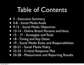 Table of Contents
• 3 - Executive Summary
• 4-8 - Social Media Audit
• 9-12 - Social Media Objectives
• 13-14 - Online Brand Persona andVoice
• 15 - 17 - Strategies and Tools
• 18 - Timing and Key Dates
• 19 - Social Media Roles and Responsibilities
• 20-21 - Social Media Policy
• 22-23 - Critical Response Plan
• 24-28 - Measurment and Reporting Results
Sunday, May 28, 17
 