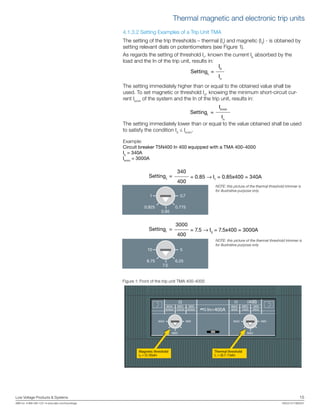Low Voltage Products & Systems	 15
ABB Inc. • 888-385-1221 • www.abb.com/lowvoltage	 1SXU210170B0201
4.1.3.2 Setting Examples of a Trip Unit TMA
The setting of the trip thresholds – thermal (I1
) and magnetic (I3
) - is obtained by
setting relevant dials on potentiometers (see Figure 1).
As regards the setting of threshold I1
, known the current Ib
absorbed by the
load and the In of the trip unit, results in:
The setting immediately higher than or equal to the obtained value shall be
used. To set magnetic or threshold I3
, knowing the minimum short-circuit cur-
rent Ikmin
of the system and the In of the trip unit, results in:
The setting immediately lower than or equal to the value obtained shall be used
to satisfy the condition I3
≤ Ikmin
.
Example:
Circuit breaker T5N400 In 400 equipped with a TMA 400-4000
Ib
= 340A
Ikmin
= 3000A
Ib
SettingL
=
In
Ikmin
SettingI
=
In
340
SettingL
= = 0.85 → I1
= 0.85x400 = 340A
400
NOTE: this picture of the thermal threshold trimmer is
for illustrative purpose only.
3000
SettingI
= = 7.5 → I3
= 7.5x400 = 3000A
400
NOTE: this picture of the thermal threshold trimmer is
for illustrative purpose only
Figure 1: Front of the trip unit TMA 400-4000
1
0.925 0.775
0.7
0.85
10
8.75 6.25
5
7.5
MAX MED MIN
4000A 3000A 2000A
I3 I1 (40 )
MAX MED MIN
400A 340A 280AIn=400A
MAX MIN
MED
MAX MIN
MED
Magnetic threshold
I3 = (5 /0)xIn
Thermal threshold
I1 = (0.7 /1)xIn
Thermal magnetic and electronic trip units
 