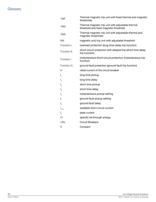 36	 Low Voltage Products & Systems
1SXU210170B0201	 ABB Inc. • 888-385-1221 • www.abb.com/lowvoltage
Glossary
TMF
Thermal magnetic trip unit with fixed thermal and magnetic
thresholds
TMD
Thermal magnetic trip unit with adjustable thermal
threshold and fixed magnetic threshold
TMA
Thermal magnetic trip unit with adjustable thermal and
magnetic thresholds
MA magnetic only trip unit with adjustable threshold
Function L overload protection (long time-delay trip function)
Function S
short-circuit protection with delayed trip (short time delay
trip function)
Function I
instantaneous short-circuit protection (instantaneous trip
function)
Function G ground-fault protection (ground-fault trip function)
In rated current of the circuit breaker
I1
long time pickup
t1
long time delay
I2
short time pickup
t2
short time delay
I3
instantaneous pickup setting
I4
ground-fault pickup setting
t4
ground-fault delay
Irms
available short-circuit current
Ip
peak current
I2
t specific let-through energy
CBs Circuit Breakers
K Constant
 