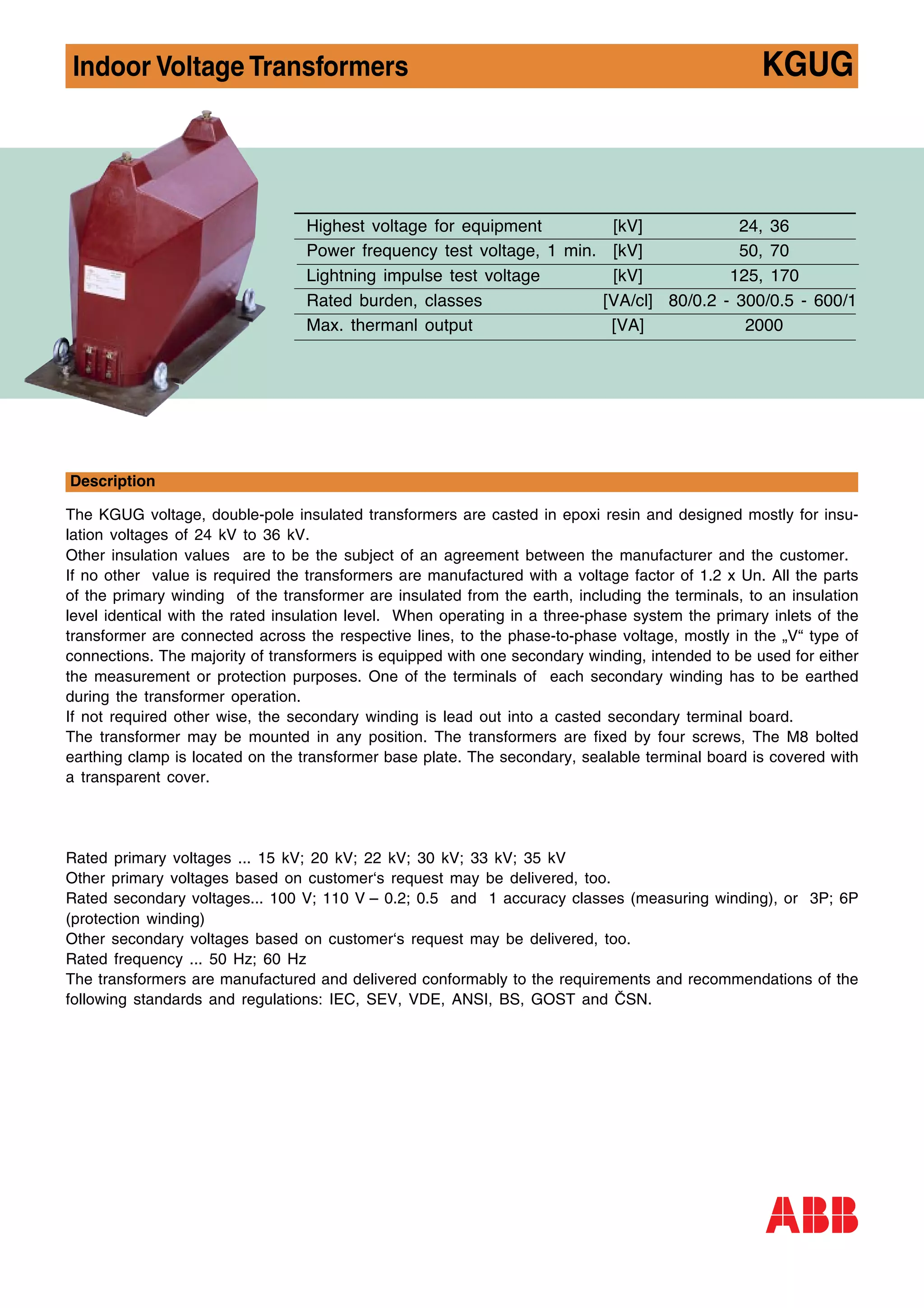 ABB Medium Voltage MV Indoor Voltage Transformers VT'S 3.3kV to 40