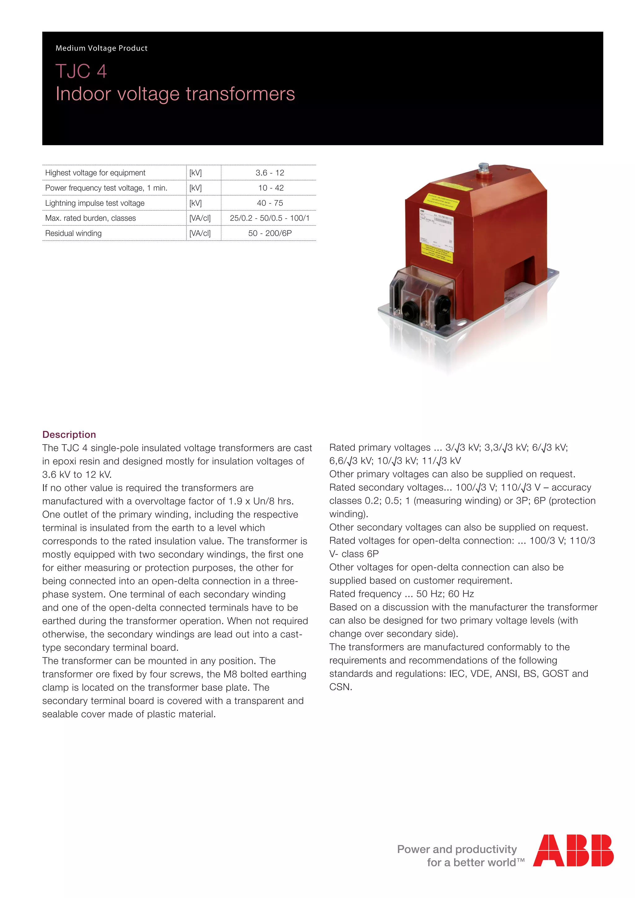 ABB Medium Voltage MV Indoor Voltage Transformers VT'S 3.3kV to 40
