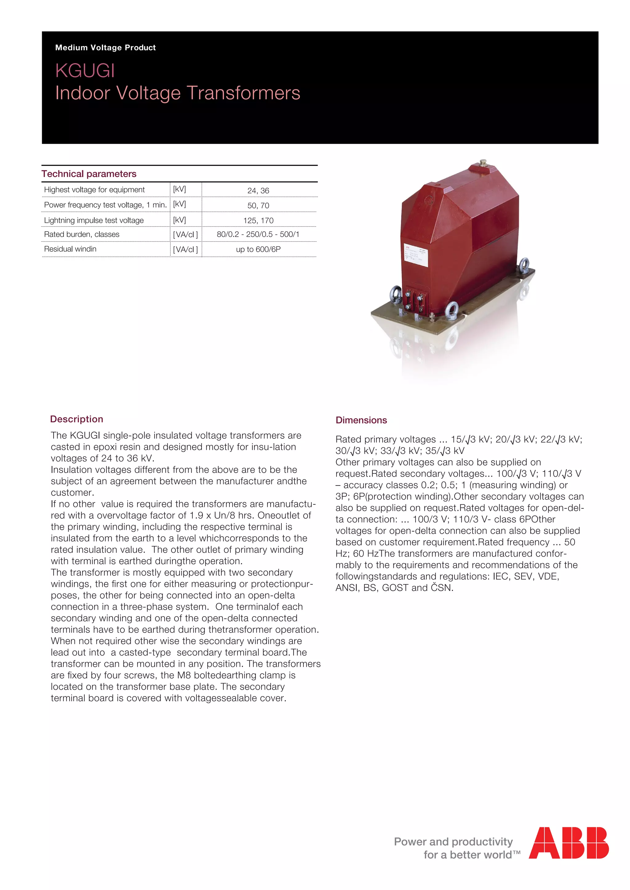 ABB Medium Voltage MV Indoor Voltage Transformers VT'S 3.3kV to 40