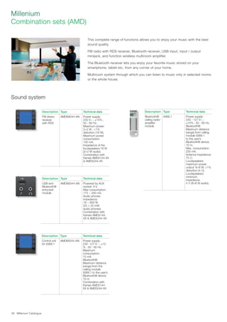 Millenium Catalogue26
This complete range of functions allows you to enjoy your music with the best
sound quality.
FM radio with RDS receiver, Bluetooth receiver, USB input, input / output
minijack, and function wireless multiroom amplifier.
The Bluetooth receiver lets you enjoy your favorite music stored on your
smartphone, tablet etc. from any corner of your home.
Multiroom system through which you can listen to music only in selected rooms
or the whole house.
Description Type Technical data
FM stereo
receiver
with RDS
AMD68044-AN Power supply:
230 V~ ; ±15% ;
50 - 60 Hz.
Maximum power:
2+2 W ; 1%
distortion (16 W).
Maximum power
consumption:
100 mA.
Impedance of the
loudspeakers:16 W
(2+2 W audio).
Combination with
frames AMD5144-XX
 AMD5244-XX
Sound system
Description Type Technical data
USB and
Bluetooth®
entry/exit
module
AMD68344-AN Powered by AUX
socket: 9 V.
Max consumption:
175 ~ 200 mA.
Audio phones
impedance:
16 ~ 600 W
(25 + 25 mW
audio phones).
Combination with
frames AMD5144-
XX  AMD5244-XX
Millenium
Combination sets (AMD)
Description Type Technical data
Control unit
for 9368.1
AMD68244-AN Power supply:
230 -127 V~ ; ±15
% ; 50 - 60 Hz.
Maximum
consumption:
15 mA.
Bluetooth®:
Maximum distance
(range) from the
ceiling module
9368.1 to the user’s
Bluetooth® device:
10 m.
Combination with
frames AMD5144-
XX  AMD5244-XX
Description Type Technical data
Bluetooth®
ceiling radio/
amplifier
module
9368.1 Power supply:
230 - 127 V~ ;
±15% ; 50 - 60 Hz.
Bluetooth®:
Maximum distance
(range) from ceiling
module 9368.1
to the user’s
Bluetooth® device,
10 m.
Max. consumption:
200 mA.
Antenna impedance:
75 Ω.
Loudspeakers
maximum power
output: 6+6 W, 1%
distortion (4 Ω).
Loudspeakers
minimum
impedance:
4 Ω (6+6 W audio).
 