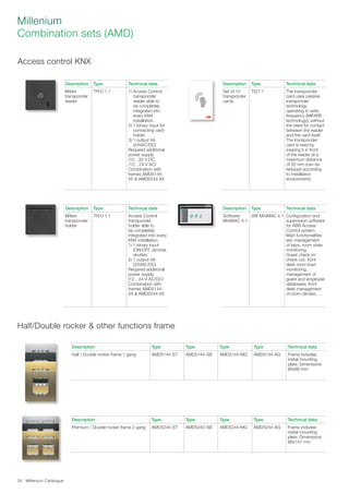 Millenium Catalogue34
Millenium
Combination sets (AMD)
Access control KNX
Description Type Technical data
Mifare
transponder
reader
TR/U 1.1 1) Access Control
transponder
reader able to
be completely
integrated into
every KNX
installation.
2) 1 binary input for
connecting card-
holder
3) 1 output 4A
(24VAC/DC)
Required additional
power supply
(10…32 V DC
/12…24 V AC)
Combination with
frames AMD5144-
XX  AMD5244-XX
Description Type Technical data
Set of 10
transponder
cards
TS/T 1 The transponder
card uses passive
transponder
technology
operating in radio
frequency (MIFARE
technology), without
the need for contact
between the reader
and the card itself.
The transponder
card is read by
swiping it in front
of the reader at a
maximum distance
of 20 mm (can be
reduced according
to installation
environment).
Description Type Technical data
Mifare
transponder
holder
TH/U 1.1 Access Control
transponder
holder able to
be completely
integrated into every
KNX installation.
1) 1 binary input
(ON/OFF, dimmer,
shutter)
2) 1 output 4A
(24VAC/DC)
Required additional
power supply
(12…24 V AC/DC)
Combination with
frames AMD5144-
XX  AMD5244-XX
Description Type Technical data
Software
MiniMAC 4.1
SW MiniMAC 4.1 Configuration and
supervision software
for ABB Access
Control system.
Main functionalities
are: management
of keys, room state
monitoring.
Guest check in/
check out, front
desk room load
monitoring,
management of
guest and employee
databases, front
desk management
of room climate, …
Half/Double rocker  other functions frame
Description Type Type Type Type Technical data
Half / Double rocker frame 1 gang AMD5144-ST AMD5144-SB AMD5144-MG AMD5144-AG Frame includes
metal mounting
plate. Dimensions
86x86 mm
Description Type Type Type Type Technical data
Premium / Double rocker frame 2 gang AMD5244-ST AMD5244-SB AMD5244-MG AMD5244-AG Frame includes
metal mounting
plate. Dimensions
86x147 mm
 