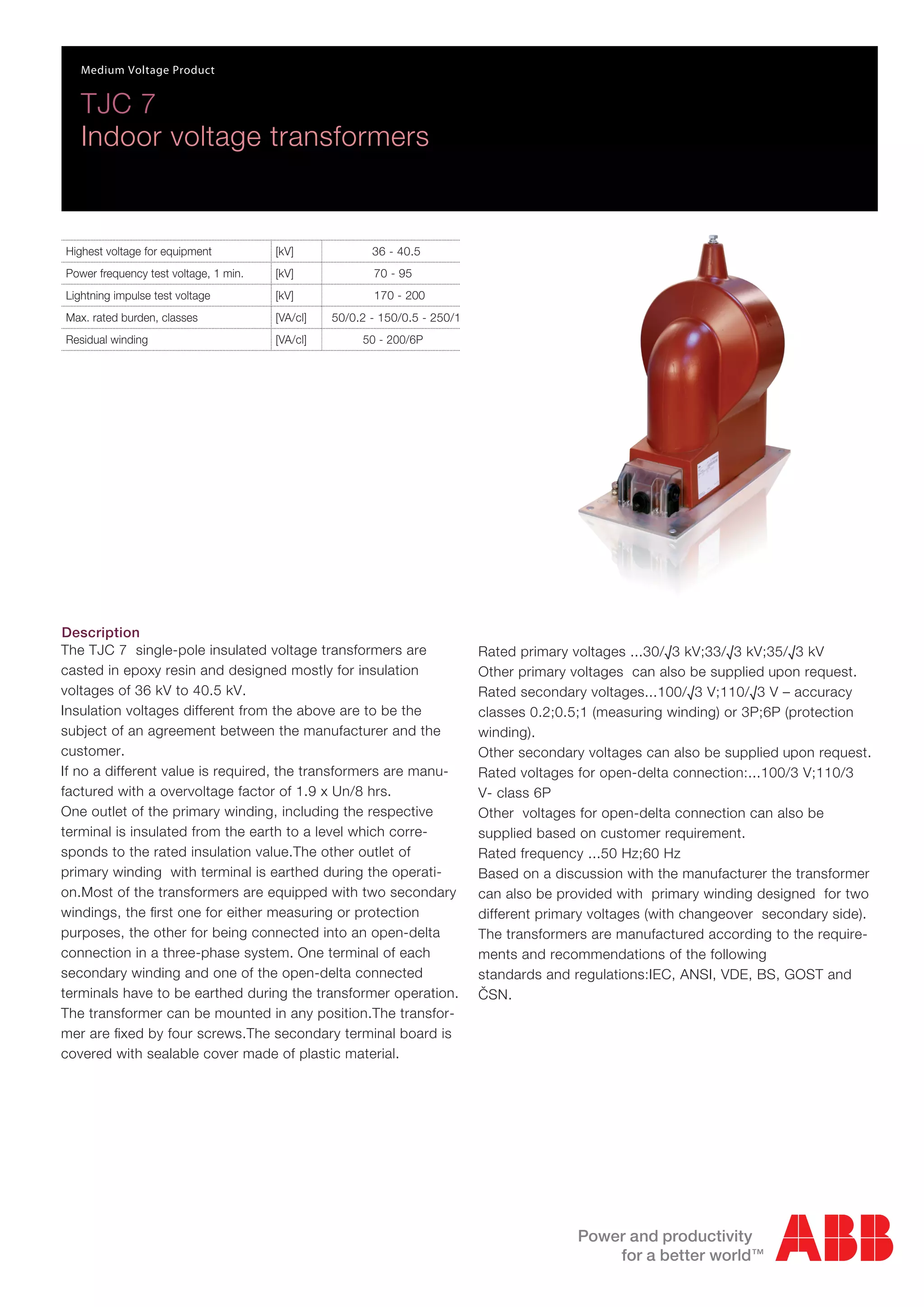 ABB TJC MV Indoor Voltage Transformer Indoor Cast Resin Voltage
