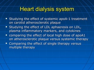 Heart dialysis systemHeart dialysis system
 Studying the effect of systemic apoA-1 treatmentStudying the effect of systemic apoA-1 treatment
on carotid atherosclerotic plaqueon carotid atherosclerotic plaque
 Studying the effect of LDL aphaeresis on LDL,Studying the effect of LDL aphaeresis on LDL,
plasma inflammatory markers, and cytokinesplasma inflammatory markers, and cytokines
 comparing the effect of local high dose of apoA1comparing the effect of local high dose of apoA1
on atherosclerotic plaque versus systemic therapyon atherosclerotic plaque versus systemic therapy
 Comparing the effect of single therapy versusComparing the effect of single therapy versus
multiple therapymultiple therapy
 