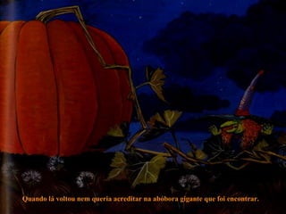 Quando lá voltou nem queria acreditar na abóbora gigante que foi encontrar. 