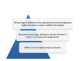 Miscarriage is defined as the spontaneous loss of pregnancy
        before the fetus reaches viability (24 weeks)


    Recurrent miscarriage, defined as the loss of three or
           more ( ≥ 3) consecutive pregnancies.



          Affects 1% of couples trying to conceive.
 