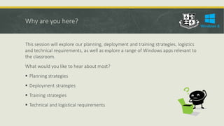 Why are you here?
This session will explore our planning, deployment and training strategies, logistics
and technical requirements, as well as explore a range of Windows apps relevant to
the classroom.
What would you like to hear about most?
 Planning strategies
 Deployment strategies
 Training strategies
 Technical and logistical requirements
 