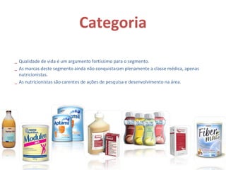 Categoria Qualidade de vida é um argumento fortíssimo para o segmento. As marcas deste segmento ainda não conquistaram plenamente a classe médica, apenas nutricionistas. As nutricionistas são carentes de ações de pesquisa e desenvolvimento na área.