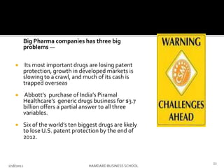 Big Pharma companies has three big
problems —
 Its most important drugs are losing patent
protection, growth in developed markets is
slowing to a crawl, and much of its cash is
trapped overseas
 Abbott’s purchase of India’s Piramal
Healthcare’s generic drugs business for $3.7
billion offers a partial answer to all three
variables.
 Six of the world’s ten biggest drugs are likely
to lose U.S. patent protection by the end of
2012.
2/18/2012 HAMDARD BUSINESS SCHOOL
22
 