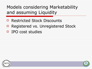Models considering Marketability and assuming Liquidity Restricted Stock Discounts Registered vs. Unregistered Stock IPO cost studies 