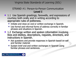 Virginia State Standards of Learning (SOL) STRAND #1: Person-to-Person Communication Level I 1.1  Use Spanish greetings, farewells, and expressions of courtesy both orally and in writing according to appropriate rules of politeness. Initiate and close an oral or written exchange in Spanish. Use formal and informal forms of address correctly in familiar phrases and situations in Spanish. 1.2  Exchange written and spoken information involving likes and dislikes, descriptions, requests, directions, and instructions in Spanish. Ask questions and provide responses in Spanish based on self and familiar material Sustain brief oral and written exchanges in Spanish using familiar phrases and sentences. 