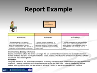 Report Example Understanding Sean’s performance Sean’s performance falls in the Novice Mid range.  He can understand conversations and recorded materials in familiar contexts.  He relies heavily on memorized words, phrases, and structures and expends enormous effort to accomplish these listening tasks.  Next Steps Language learners at this level would benefit from increasing their exposure to spoken language in live and recorded oral texts.  Listening should focus on understanding key words and main ideas.  Sources for listening practice include level appropriate texts that are related to academic content as well as individual student interests.  Sean’s performance … provides evidence of the ability understand simple speech with memorized phrases on familiar subjects.  Can understand speech on content that has been previously seen or heard. … provides evidence of the ability to understand short, simple speech with memorized words and phrases on highly predictable and familiar topics most often related to self.  … provides evidence of the ability to understand short, disconnected utterances within highly predictable and familiar contexts.  Comprehension often depends on recognizing memorized words and phrases,  Novice High Novice Mid Novice Low 