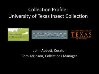 Collection Profile:
University of Texas Insect Collection
John Abbott, Curator
Tom Atkinson, Collections Manager
 