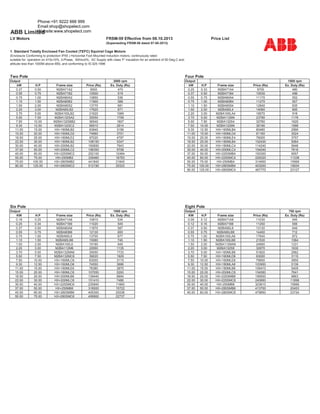 ABB Limited
LV Motors FRSM-59 Effective from 08.10.2013 Price List
(Superseding FRSM-58 dated 07-08-2013)
1. Standard Totally Enclosed Fan Cooled (TEFC) Squirrel Cage Motors
(Enclosure Conforming to protection IP55 ) Horizontal Foot Mounted Induction motors, continuously rated
suitable for operation on 415±10%, 3-Phase, 50Hz±5%, AC Supply with class 'F' insulation for an ambient of 50 Deg.C and
altitude less than 1000M above MSL and conforming to IS:325-1996
Two Pole Four Pole
Output 3000 rpm Output 1500 rpm
kW H.P Frame size Price (Rs) Ex. Duty (Rs) kW H.P Frame size Price (Rs) Ex. Duty (Rs)
0.37 0.50 M2BA71A2 9500 470 0.25 0.33 M2BA71A4 9700 480
0.55 0.75 M2BA71B2 10500 519 0.37 0.50 M2BA71B4 10030 496
0.75 1.00 M2BA80A2 10850 536 0.55 0.75 M2BA80A4 11170 552
1.10 1.50 M2BA80B2 11900 588 0.75 1.00 M2BA80B4 11270 557
1.50 2.00 M2BA90S2 13770 681 1.10 1.50 M2BA90S4 12840 635
2.20 3.00 M2BA90LB2 17620 871 1.50 2.00 M2BA90L4 14060 695
3.70 5.00 M2BA100LB2 21620 1069 2.20 3.00 M2BA100LA4 18570 918
5.50 7.50 M2BA132SA2 35550 1758 3.70 5.00 M2BA112M4 23780 1176
7.50 10.00 M2BA132SBB2 36540 1807 5.50 7.50 M2BA132S4 32760 1620
9.30 12.50 M2BA132SC2 56910 2814 7.50 10.00 M2BA132M4 38190 1888
11.00 15.00 HX+160MLB2 63840 3156 9.30 12.50 HX+160MLB4 60480 2990
15.00 20.00 HX+160MLD2 74860 3701 11.00 15.00 HX+160MLD4 61160 3024
18.50 25.00 HX+160MLE2 97020 4797 15.00 20.00 HX+160MLE4 76000 3757
22.00 30.00 HX+180MLB2 108150 5347 18.50 25.00 HX+180MLB4 102430 5064
30.00 40.00 HX+200MLB2 160650 7943 22.00 30.00 HX+180MLC4 114240 5648
37.00 50.00 HX+200MLC2 196350 9708 30.00 40.00 HX+200MLC4 154040 7616
45.00 60.00 HX+225SMC2 252100 12464 37.00 50.00 HX+225SMB4 193300 9557
55.00 75.00 HX+250MB2 339460 16783 45.00 60.00 HX+225SMC4 229320 11338
75.00 100.00 HX+280SMB2 441840 21845 55.00 75.00 HX+250MB4 314900 15569
90.00 125.00 HX+280SMC2 512190 25323 75.00 100.00 HX+280SMB4 403200 19934
90.00 125.00 HX+280SMC4 467770 23127
Six Pole Eight Pole
Output 1000 rpm Output 750 rpm
KW H.P Frame size Price (Rs) Ex. Duty (Rs) KW H.P Frame size Price (Rs) Ex. Duty (Rs)
0.18 0.25 M2BA71A6 10810 534 0.09 0.12 M2BA71A8 11030 545
0.25 0.34 M2BA71B6 11020 545 0.12 0.16 M2BA71B8 11250 556
0.37 0.50 M2BA80A6 11870 587 0.37 0.50 M2BA90L8 13130 649
0.55 0.75 M2BA80B6 12130 600 0.55 0.75 M2BA90LB8 14400 712
0.75 1.00 M2BA90L6 13700 677 0.75 1.00 M2BA100LA8 17640 872
1.10 1.50 M2BA90LB6 15060 745 1.10 1.50 M2BA100LB8 21530 1064
1.50 2.00 M2BA100L6 19190 949 1.50 2.00 M2BA112MA8 24890 1231
2.20 3.00 M2BA112M6 22950 1135 2.20 3.00 M2BA132S8 32970 1630
3.70 5.00 M2BA132MA6 35050 1733 3.70 5.00 HX+160MLB8 51820 2562
5.50 7.50 M2BA132MC6 39020 1929 5.50 7.50 HX+160MLD8 63000 3115
7.50 10.00 HX+160MLC6 63000 3115 7.50 10.00 HX+160MLE8 79900 3950
9.30 12.50 HX+160MLD6 74550 3686 9.30 12.50 HX+180MLA8 103950 5139
11.00 15.00 HX+160MLE6 78380 3875 11.00 15.00 HX+180MLB8 109410 5409
15.00 20.00 HX+180MLC6 107050 5293 15.00 20.00 HX+200MLC8 154560 7641
18.50 25.00 HX+200MLB6 139440 6894 18.50 25.00 HX+225SMB8 199500 9863
22.00 30.00 HX+200MLC6 151410 7486 22.00 30.00 HX+225SMC8 240660 11898
30.00 40.00 HX+225SMC6 235940 11665 30.00 40.00 HX+250MB8 323610 15999
37.00 50.00 HX+250MB6 318000 15722 37.00 50.00 HX+280SMB8 413700 20453
45.00 60.00 HX+280SMB6 405300 20038 45.00 60.00 HX+280SMC8 479850 23724
55.00 75.00 HX+280SMC6 459900 22737
Phone:+91 9222 666 999
Email:shop@shopelect.com
Website:www.shopelect.com
 