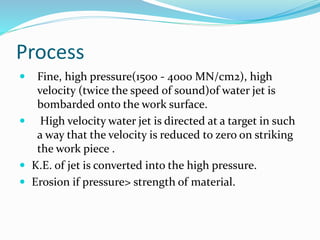 Process
 Fine, high pressure(1500 - 4000 MN/cm2), high
velocity (twice the speed of sound)of water jet is
bombarded onto the work surface.
 High velocity water jet is directed at a target in such
a way that the velocity is reduced to zero on striking
the work piece .
 K.E. of jet is converted into the high pressure.
 Erosion if pressure> strength of material.
 