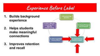 Ex e n e B re L
1. Builds background
experience
2. Helps students
make meaningful
connections
3. Improves retention
and recall
 