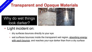 Transparent and Opaque Materials
• Light incident on:
• dry surfaces bounces directly to your eye
• wet surfaces bounces inside the transparent wet region, absorbing energy
with each bounce, and reaches your eye darker than from a dry surface
Why do wet things
look darker?
Physics
review
 