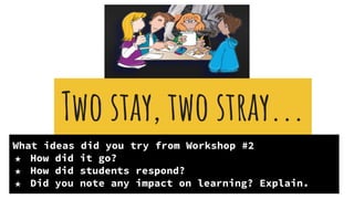 Two stay, two stray...
What ideas did you try from Workshop #2
★ How did it go?
★ How did students respond?
★ Did you note any impact on learning? Explain.
 