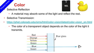 Color
• Selective Reflection
• A material may absorb some of the light and reflect the rest.
• Selective Transmission:
• https://phet.colorado.edu/sims/html/color-vision/latest/color-vision_en.html
• The color of a transparent object depends on the color of the light it
transmits.
© 2017 Pearson Education, Inc.
Physics
review
 
