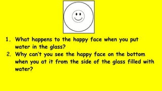 1. What happens to the happy face when you put
water in the glass?
2. Why can’t you see the happy face on the bottom
when you at it from the side of the glass filled with
water?
 