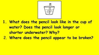 1. What does the pencil look like in the cup of
water? Does the pencil look longer or
shorter underwater? Why?
2. Where does the pencil appear to be broken?
 