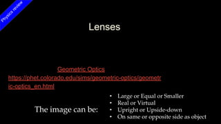 Lenses
The image can be:
• Large or Equal or Smaller
• Real or Virtual
• Upright or Upside-down
• On same or opposite side as object
Physics
review
PHET simulation: Geometric Optics:
https://phet.colorado.edu/sims/geometric-optics/geometr
ic-optics_en.html
 