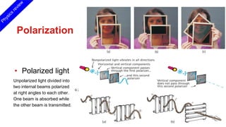 Polarization
• Polarized light
Unpolarized light divided into
two internal beams polarized
at right angles to each other.
One beam is absorbed while
the other beam is transmitted.
© 2017 Pearson Education, Inc.
Physics
review
 