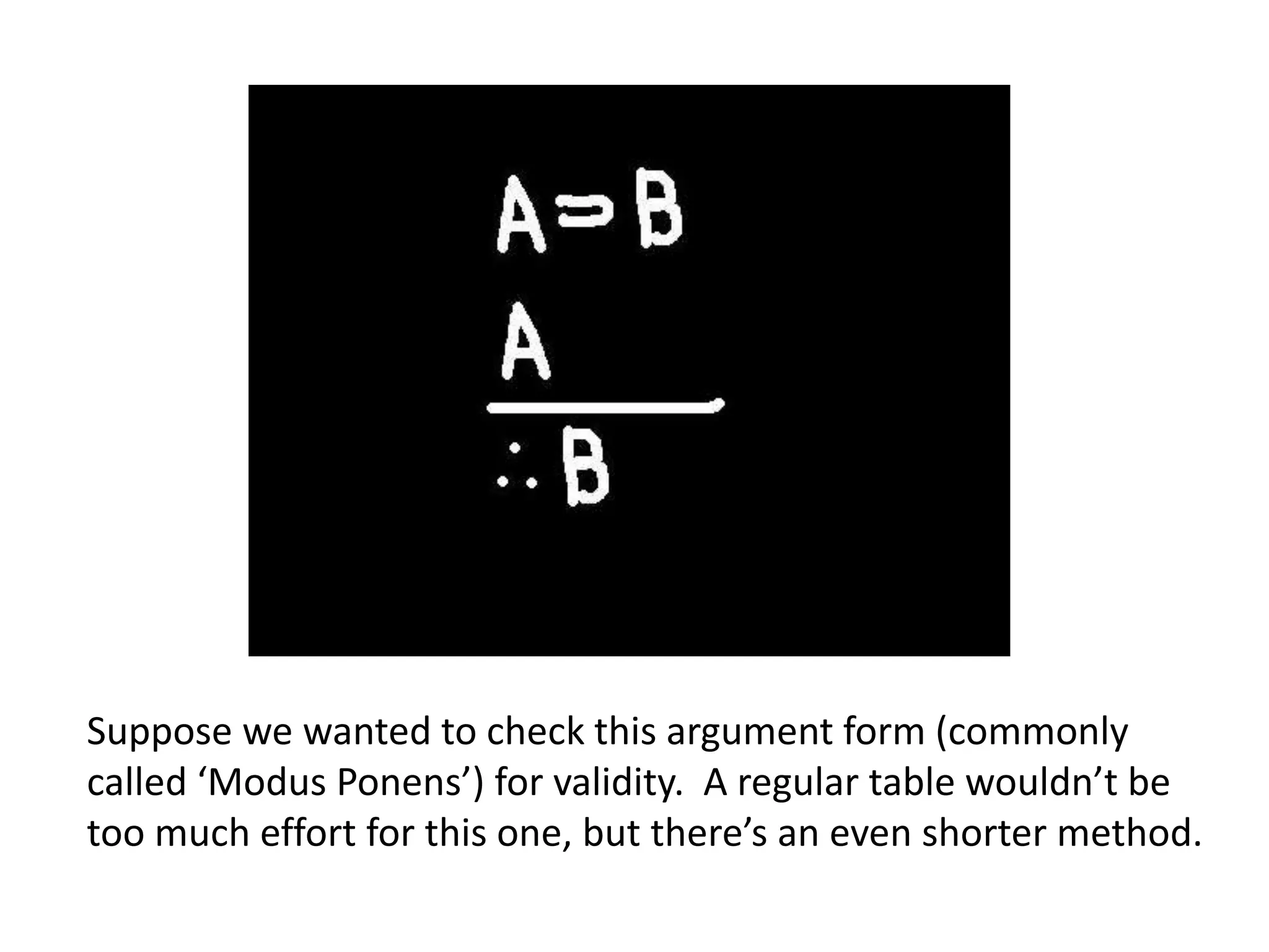 Suppose we wanted to check this argument form (commonly
called ‘Modus Ponens’) for validity. A regular table wouldn’t be
too much effort for this one, but there’s an even shorter method.
 